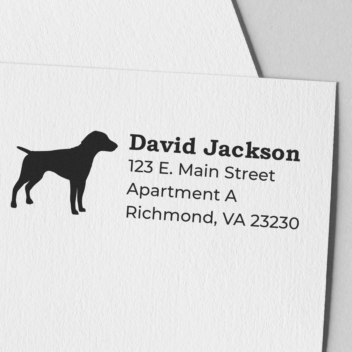 Custom dog return address rubber stamp for personalized envelopes and pet lover stationery.