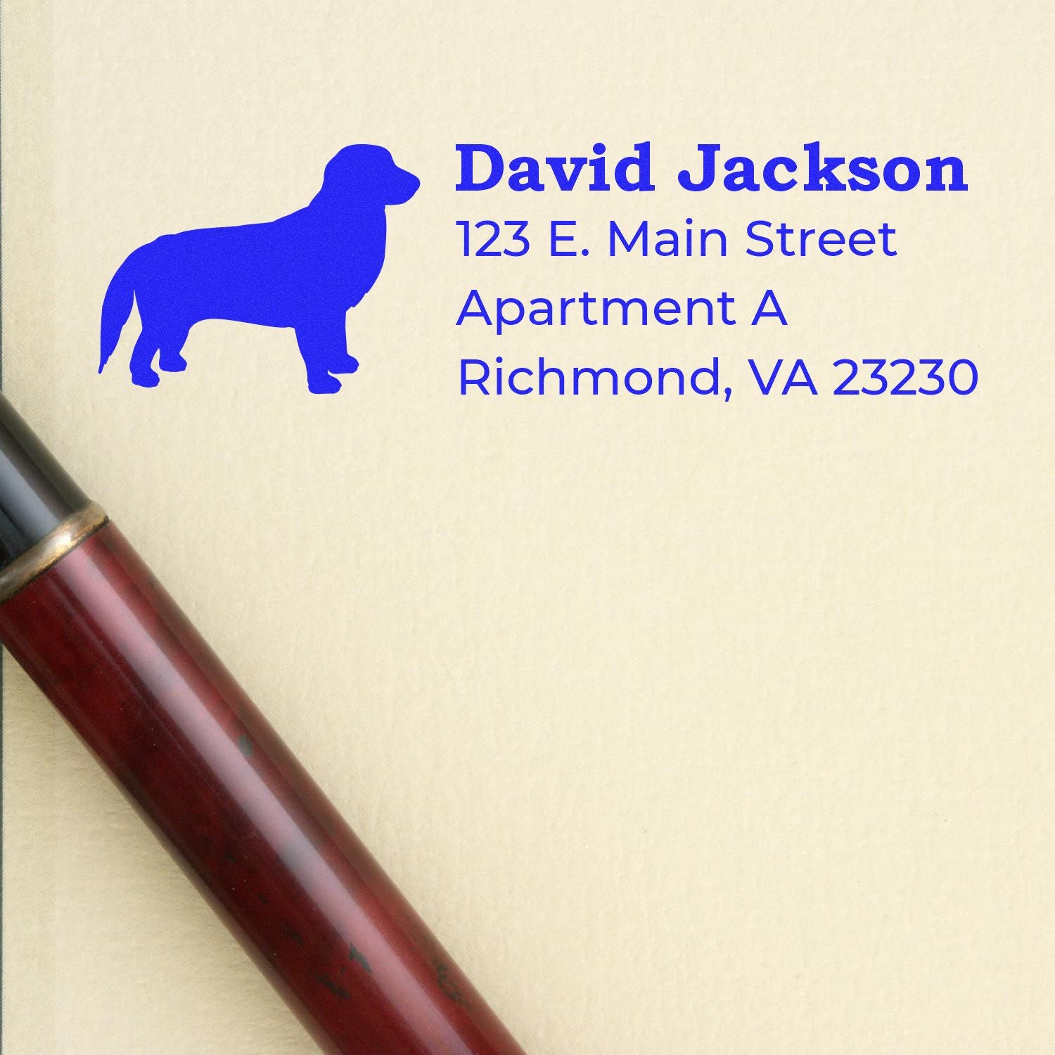 Personalized dog return address rubber stamp with name and Richmond, VA address.