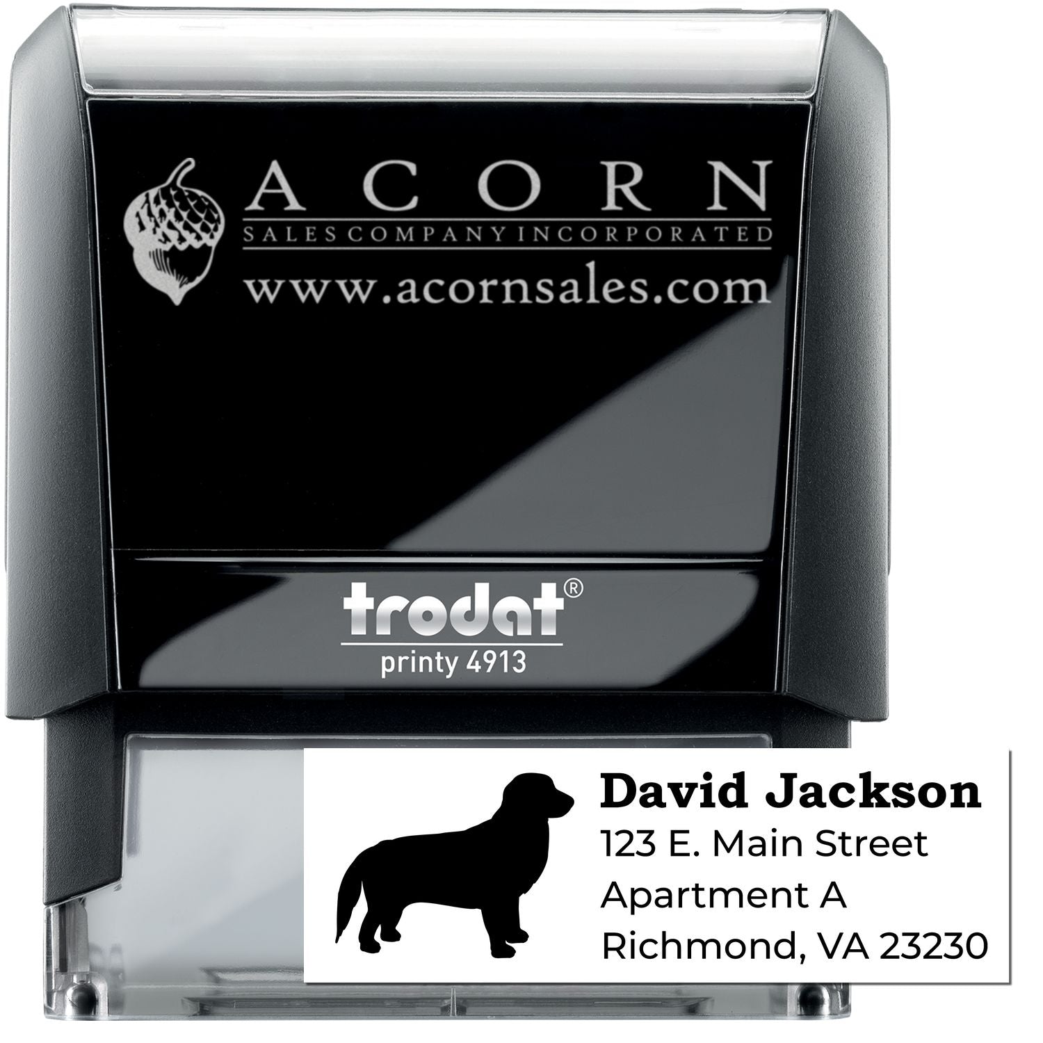 Custom self-inking rubber stamp with business logo and address imprint, Trodat Printy 4913 stamp shown.