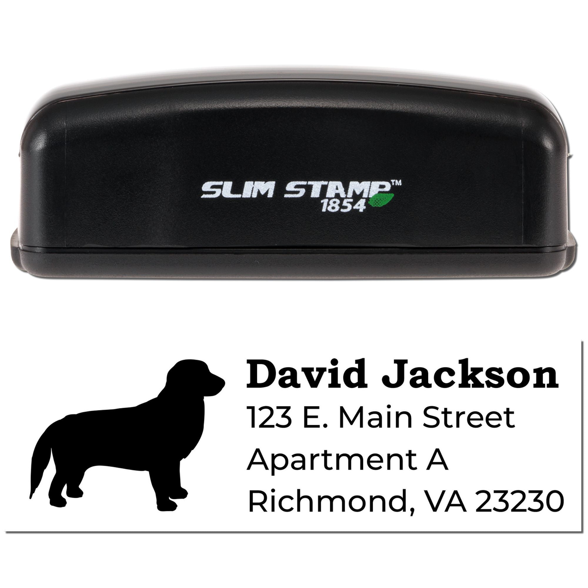 Custom self-inking Slim Stamp 1854 rubber address stamp featuring dog silhouette and personalized return address imprint.