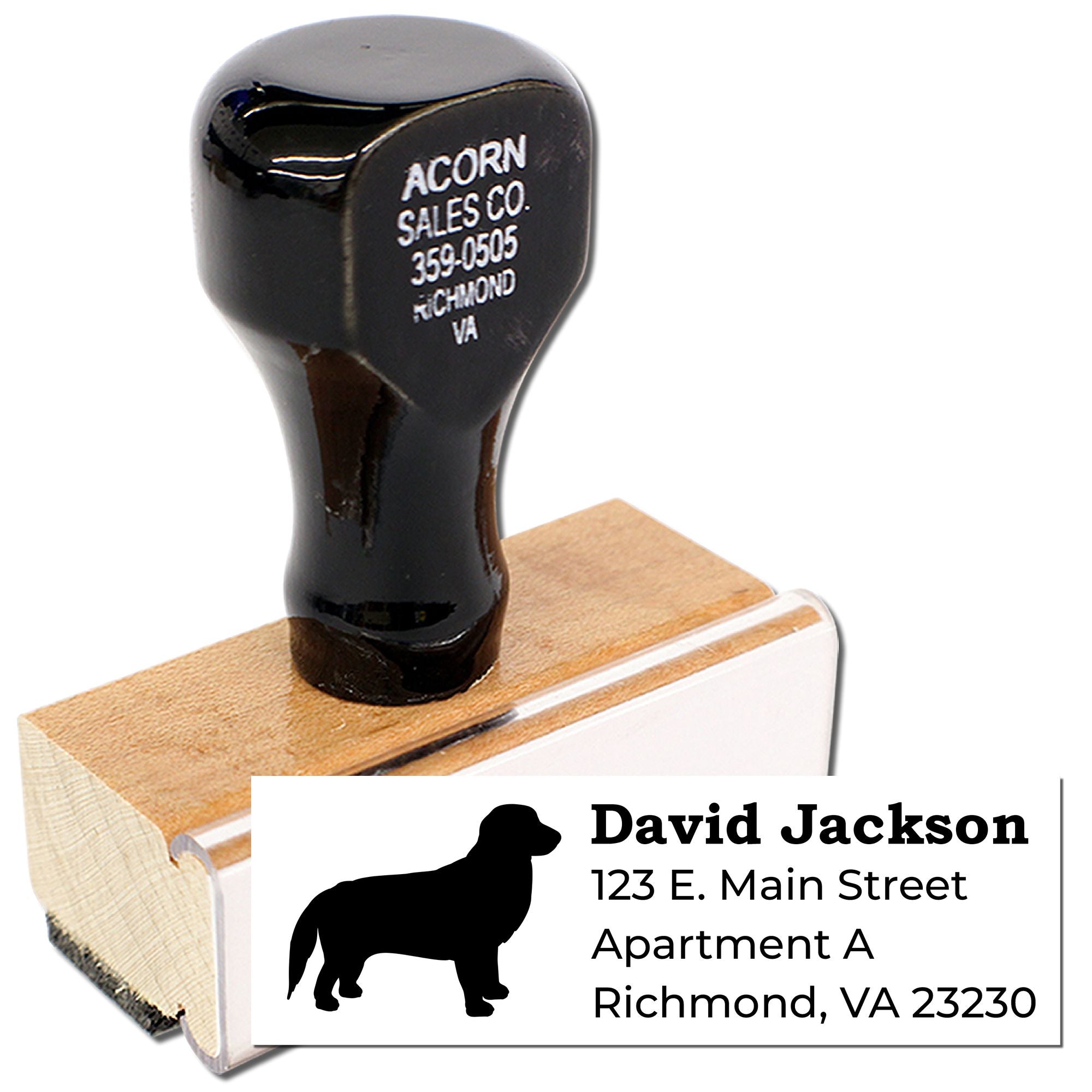 Personalized dog address rubber stamp with name, street address, apartment, and Richmond, VA return address.