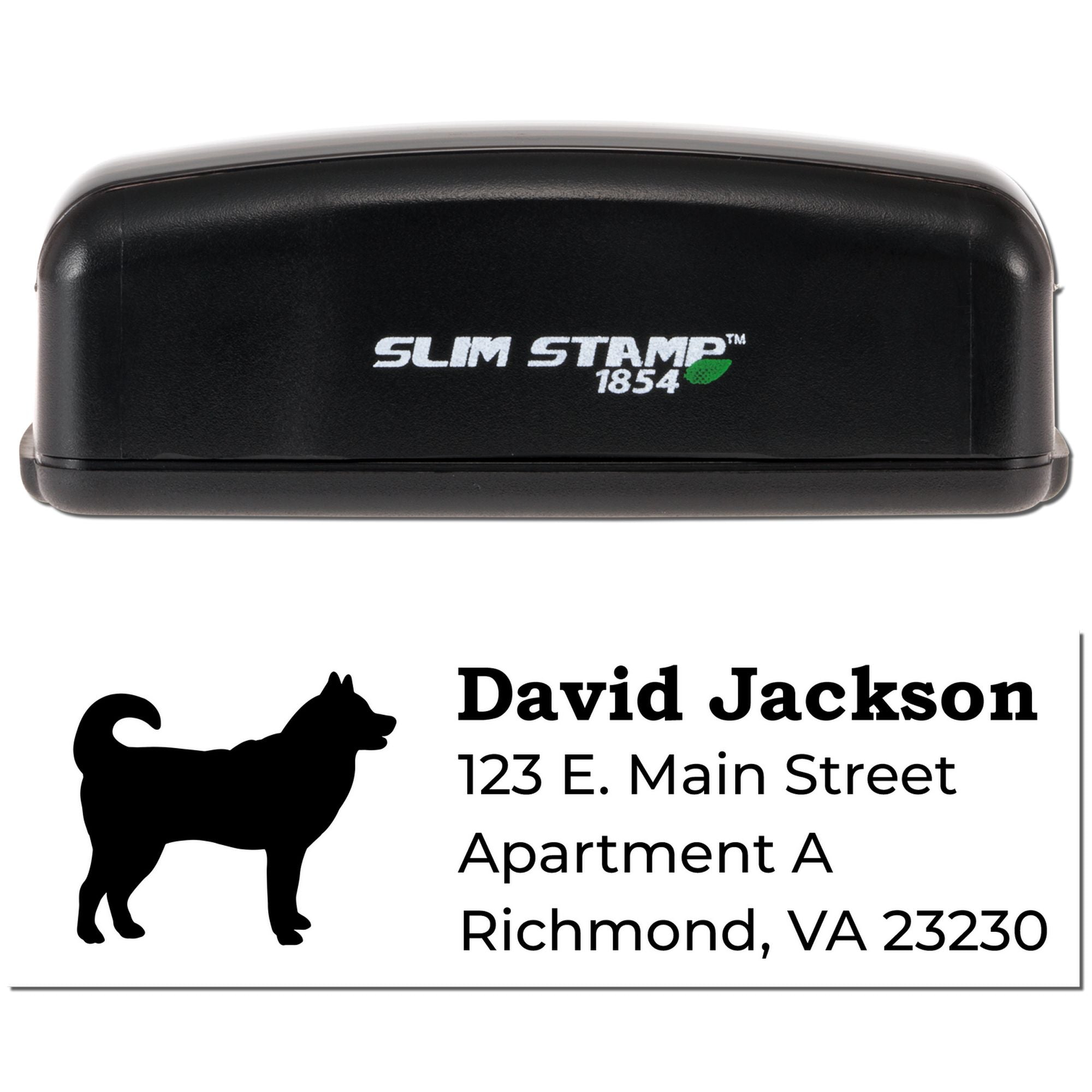 Custom self-inking rubber address stamp with dog silhouette, featuring David Jacksons name and Richmond, VA mailing address.