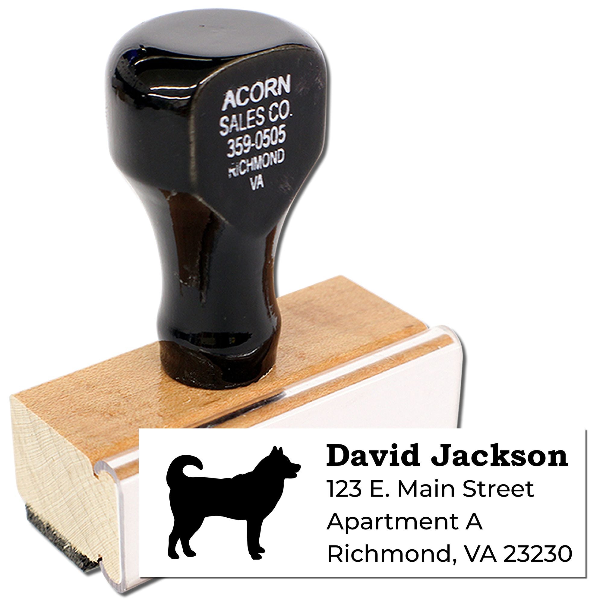 Custom dog address rubber stamp with personalized return address for mailing, featuring a dog silhouette and Richmond, VA.