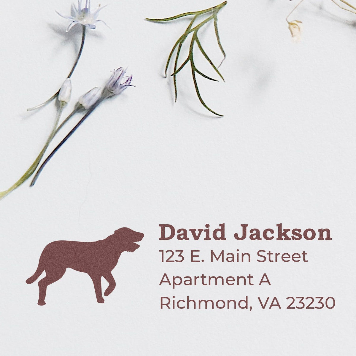 Personalized rubber stamp return address with dog silhouette for David Jackson, Richmond VA 23230.