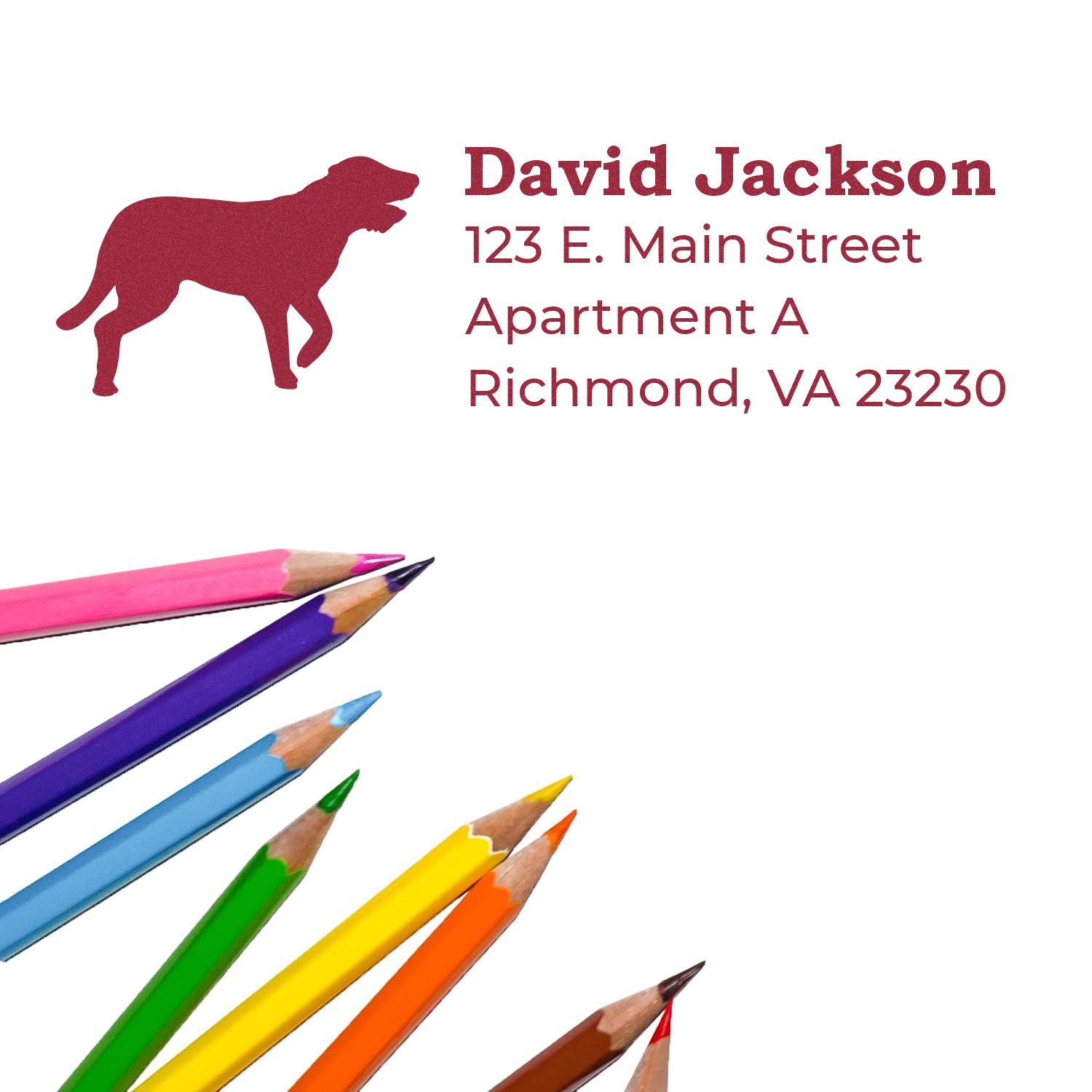 Custom rubber stamp with dog silhouette and return address for David Jackson, Richmond, VA 23230.