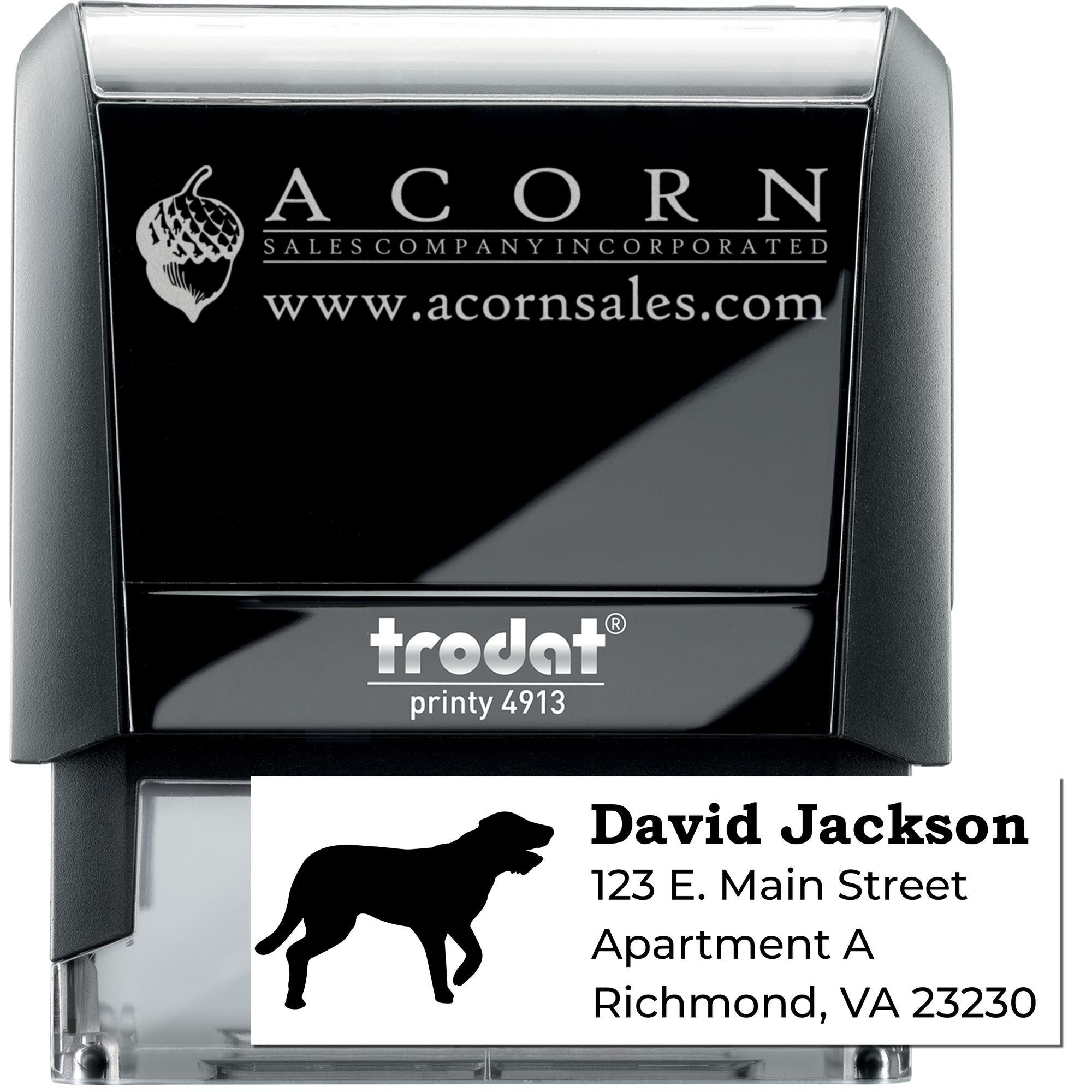 Trodat Printy 4913 custom rubber stamp featuring business logo and personalized address, ideal for mailing.