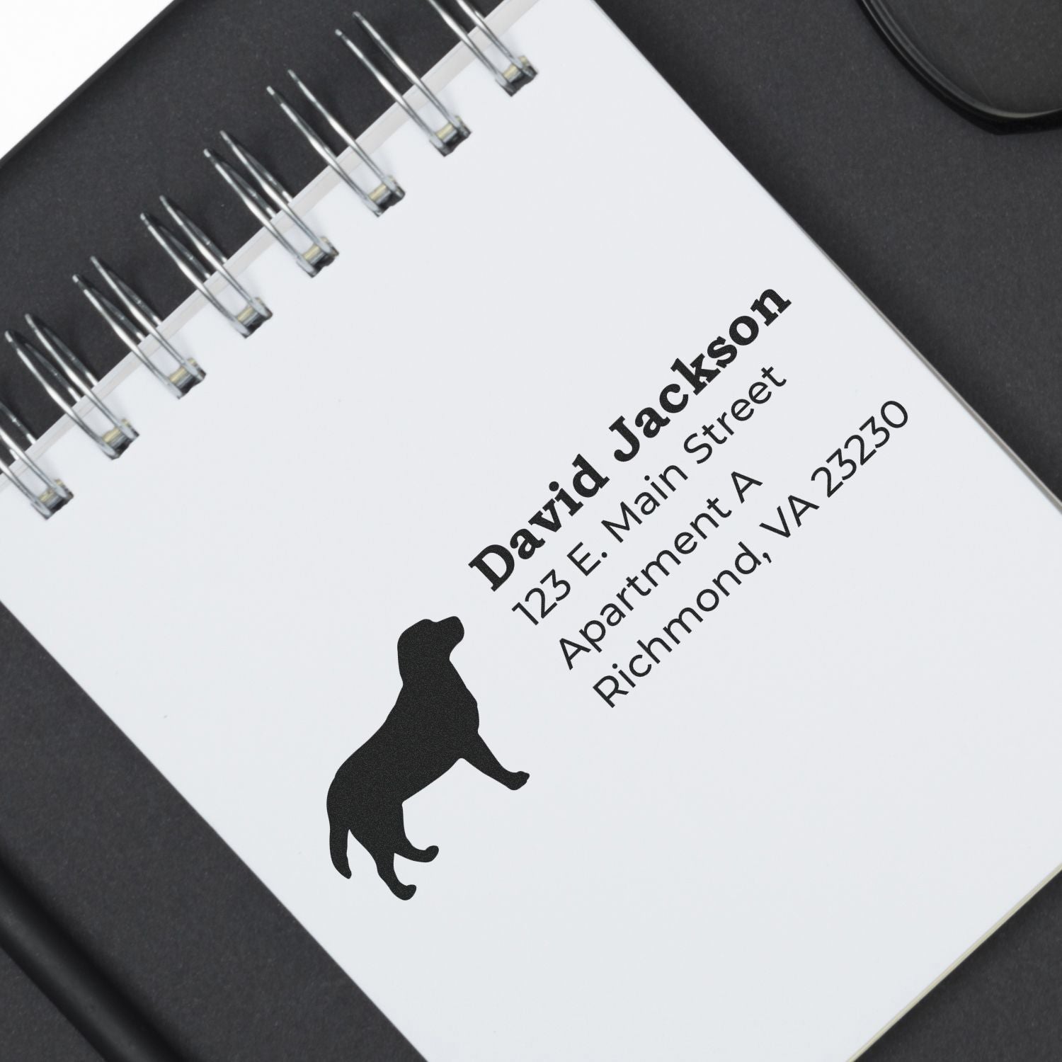 Custom rubber address stamp with dog silhouette, personalized for David Jackson, Richmond, VA return address.