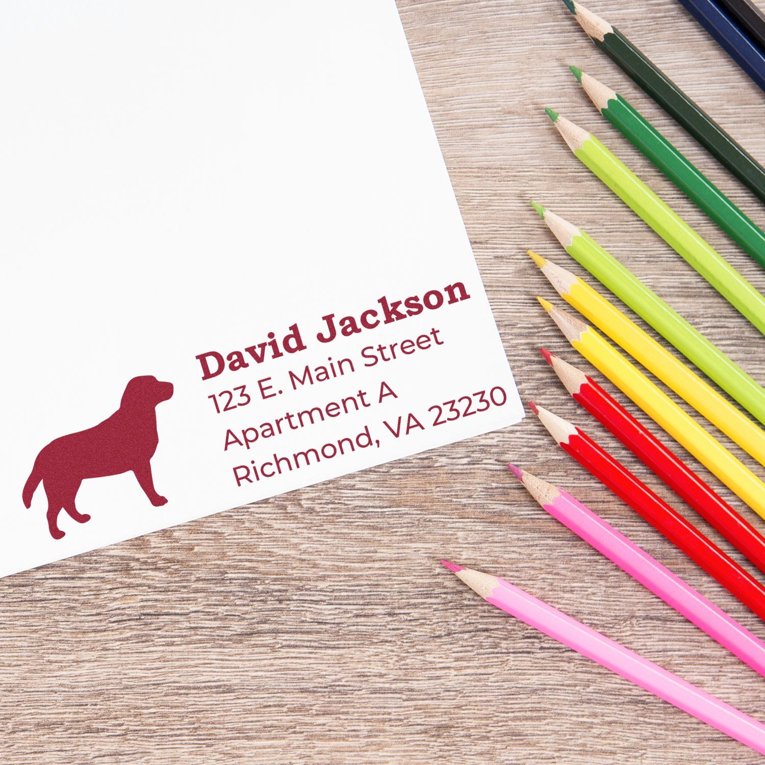 Pet-themed custom return address rubber stamp with dog silhouette for envelopes and mailing labels.