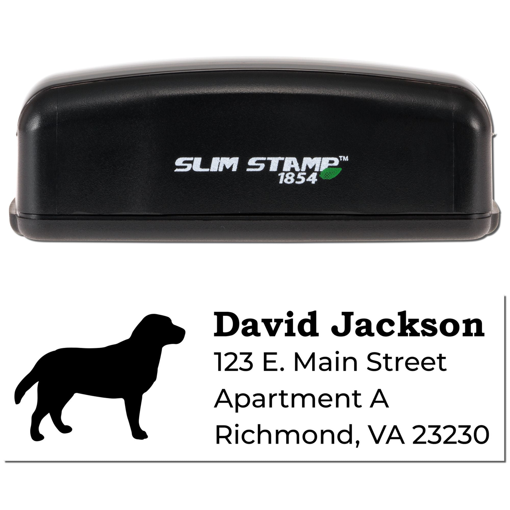 Slim Stamp 1854 custom address rubber stamp with dog silhouette, name, and Richmond, VA mailing address.