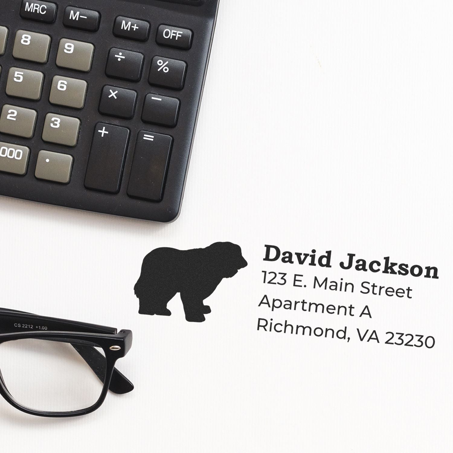 Custom return address rubber stamp with bear logo, name, and address for personalized mailing and envelopes.