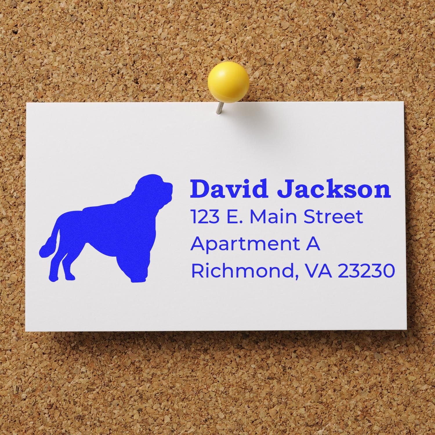 Custom rubber address stamp with dog logo, featuring David Jackson mailing details for Richmond, VA