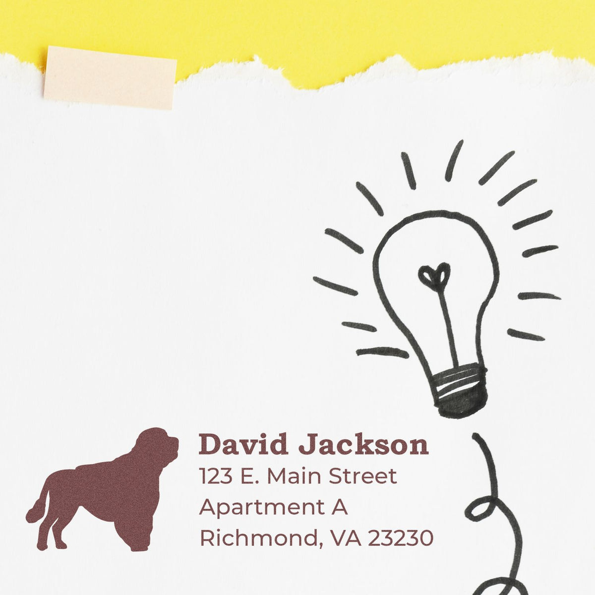 Custom rubber stamp design with dog logo and address block, ideal for personalized packaging, stationery, and branding.