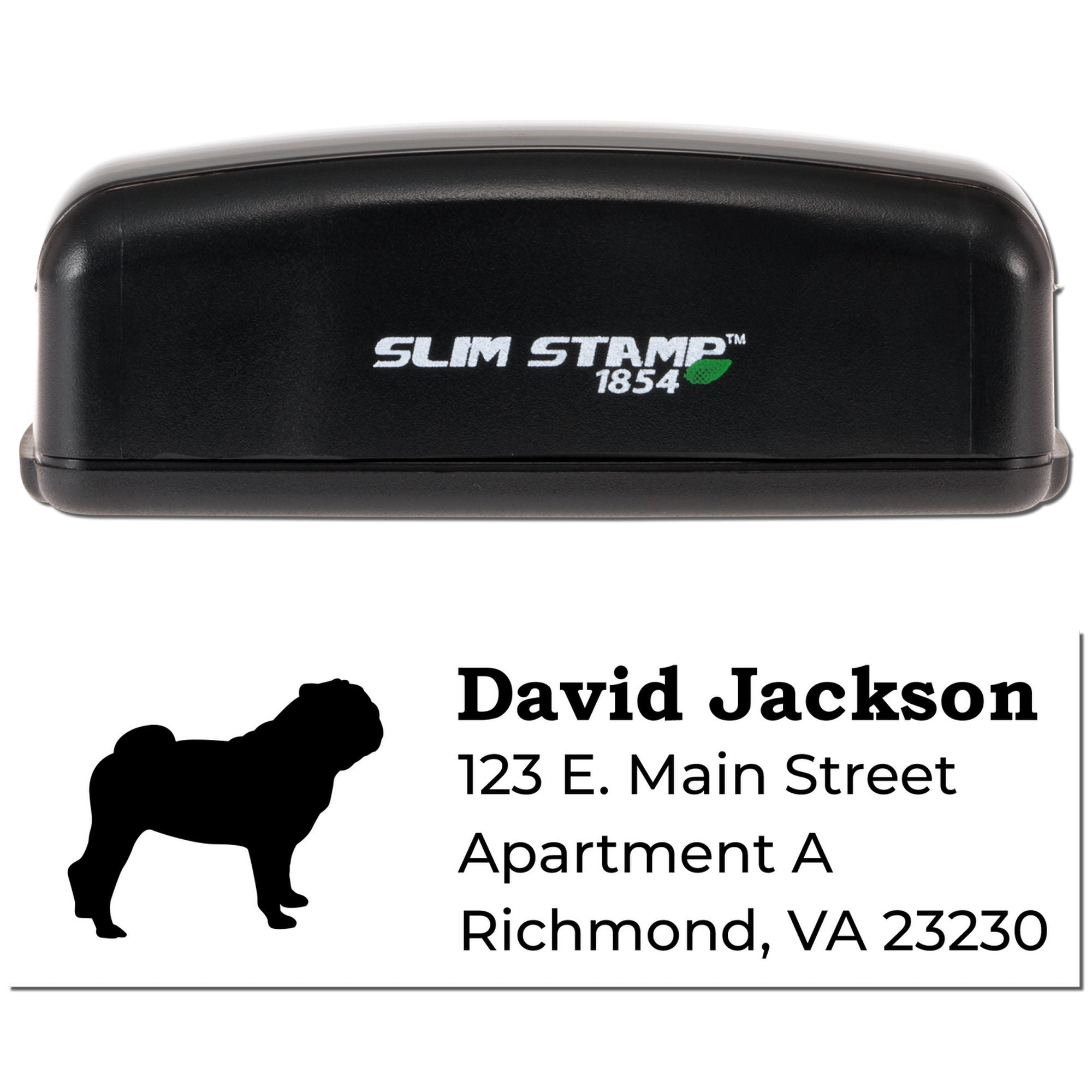 Slim Stamp 1854 custom address rubber stamp with dog silhouette for David Jackson, Apartment A, Richmond VA 23230