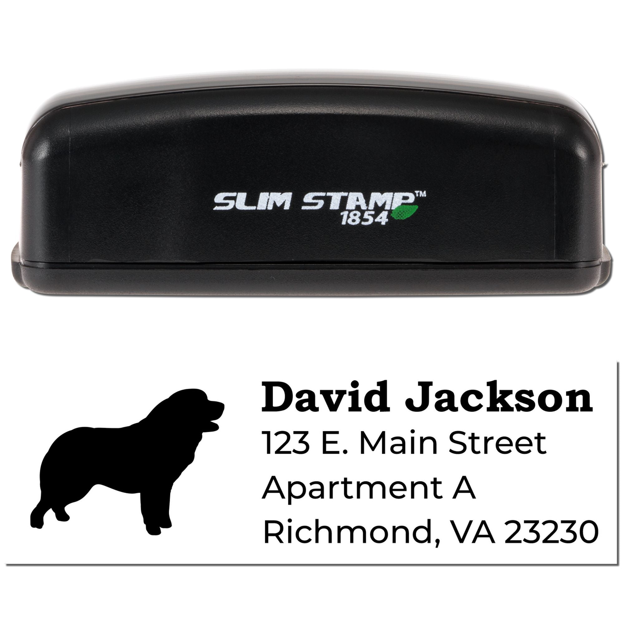 Custom address rubber stamp with dog silhouette and personalized mailing details in Slim Stamp 1854 case.