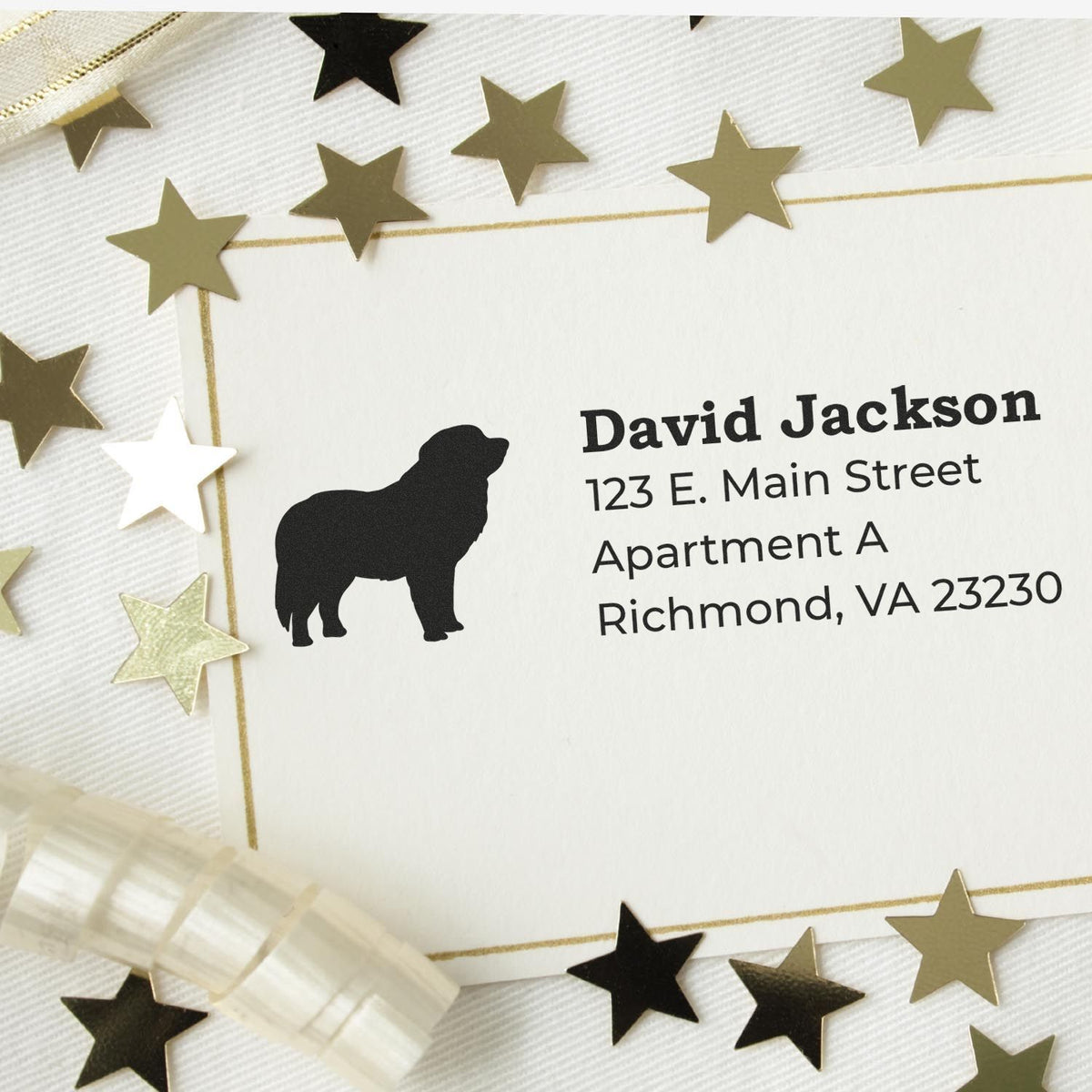 Custom dog silhouette return address rubber stamp on envelope, perfect for personalized pet-lover stationery.