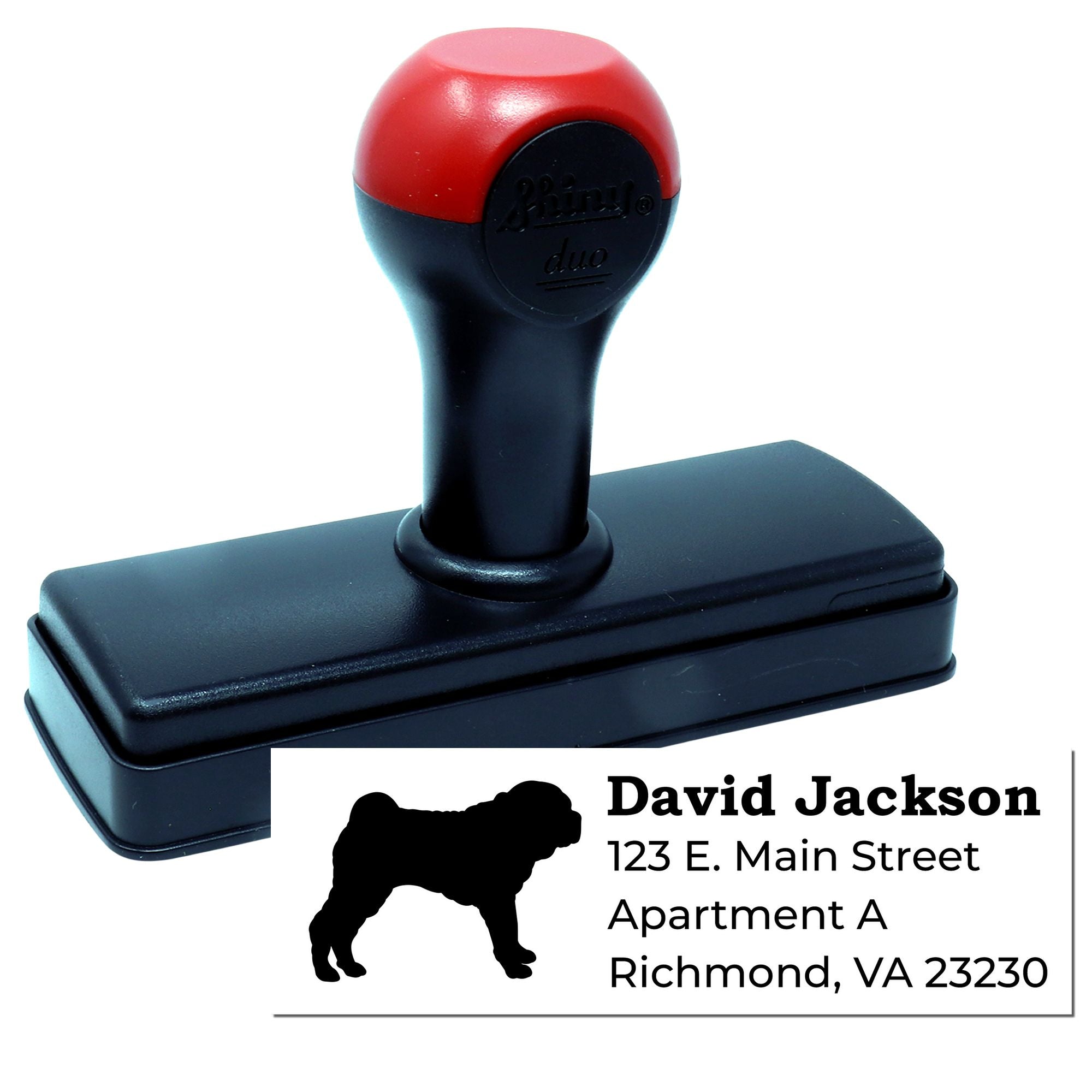 Custom self-inking address rubber stamp with dog silhouette, ideal for personalized return address labels.