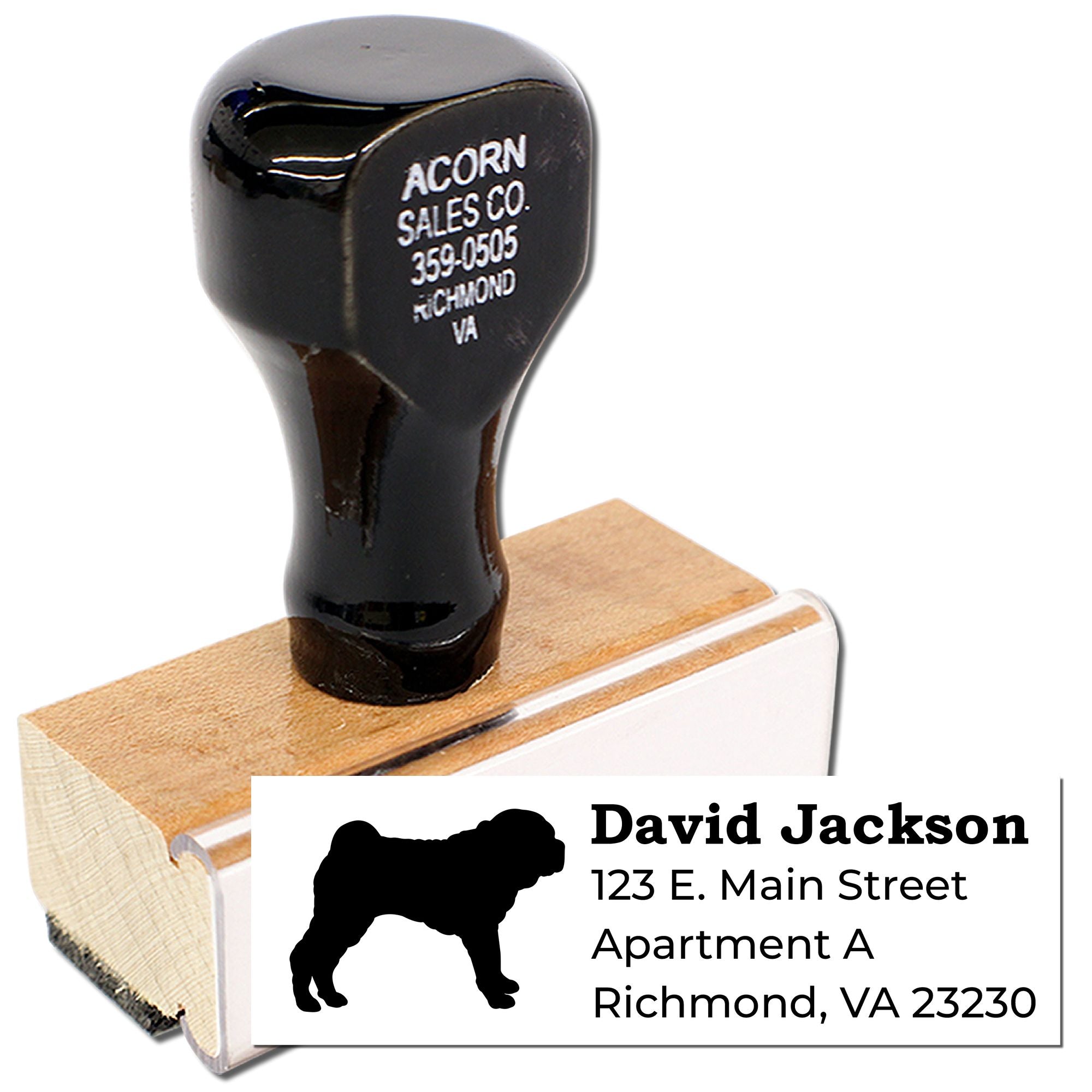 Custom dog return address rubber stamp with wood handle, showing personalized mailing imprint for pet owners.