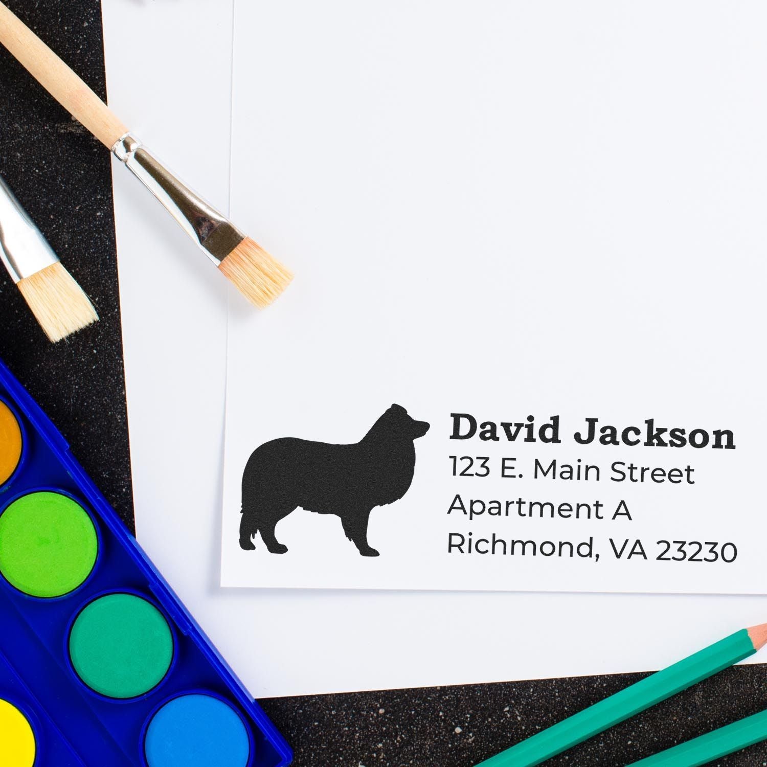 Personalized dog silhouette return address rubber stamp for custom mailing and pet-themed envelopes
