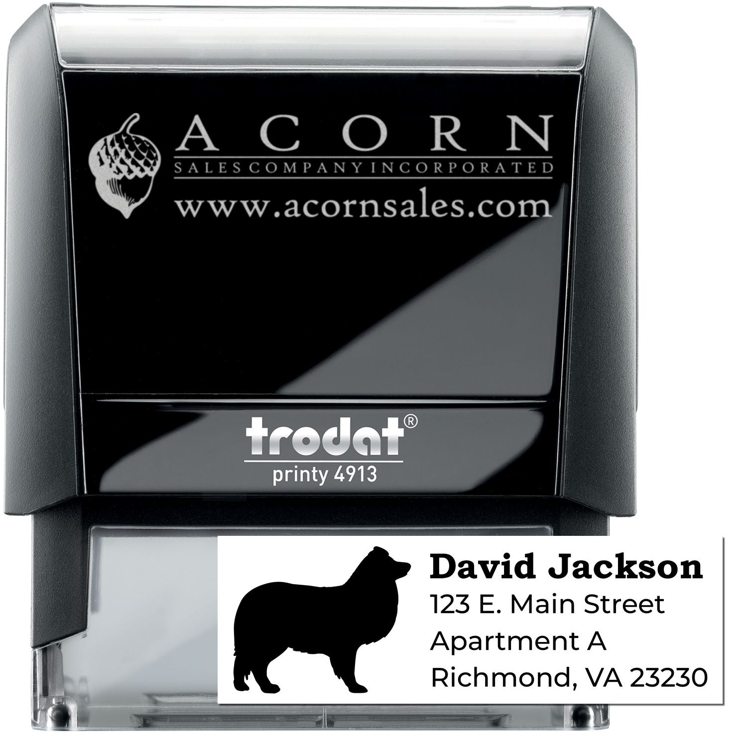 Custom self-inking rubber stamp for business branding and return addresses, Trodat Printy 4913 with logo imprint.