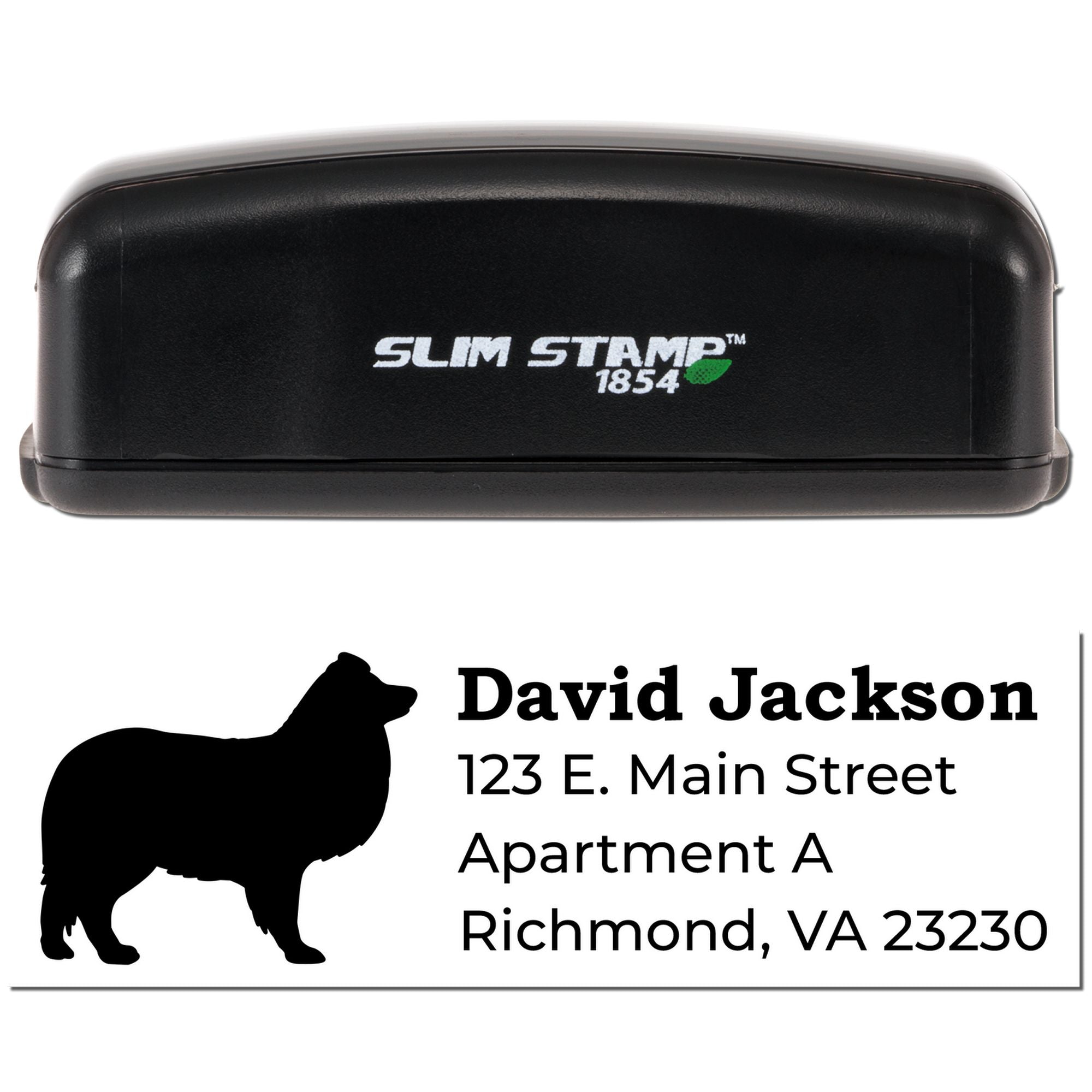 Slim Stamp 1854 self-inking custom rubber address stamp with dog silhouette, name, and mailing address for personalized mail.