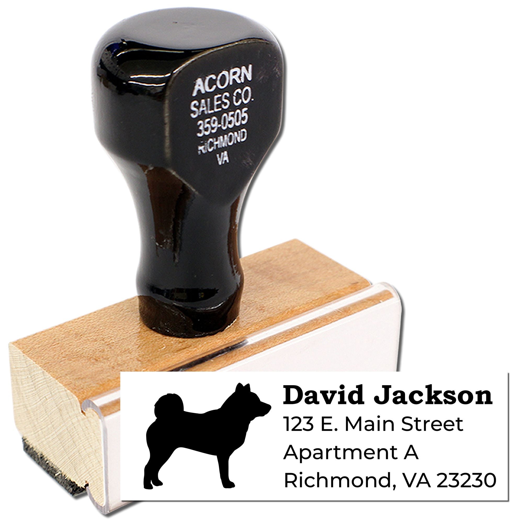 Custom dog address rubber stamp with name, street address, and city for personalized mailing labels.