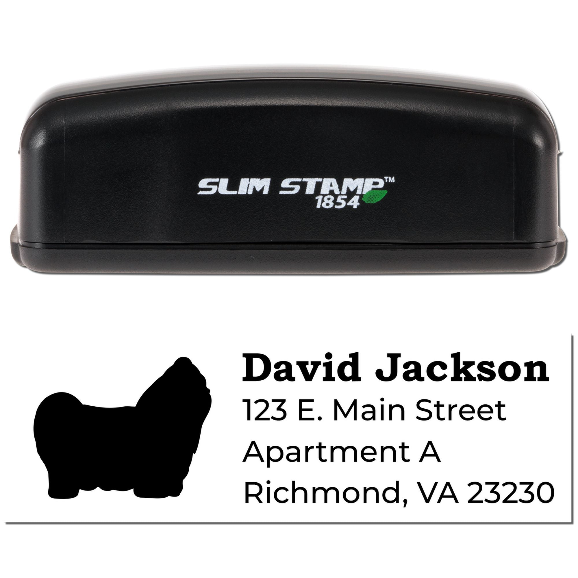 Custom self-inking address rubber stamp with Slim Stamp 1854 case and personalized name, address, and dog silhouette