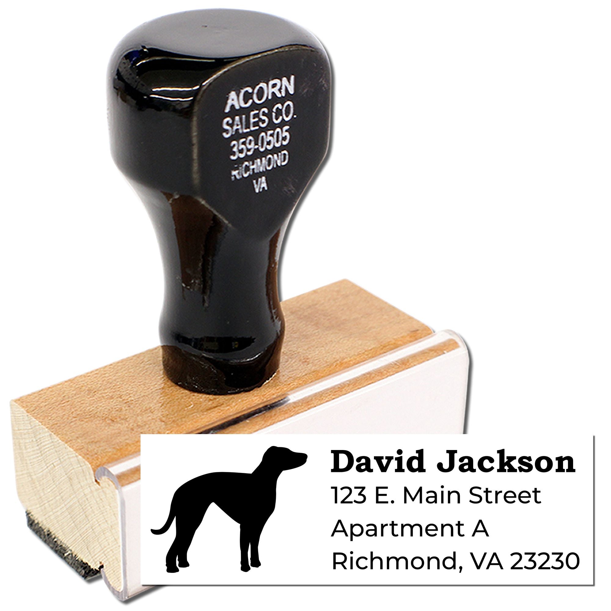 Custom rubber return address stamp with dog logo and mailing imprint for David Jackson, Richmond, VA 23230.