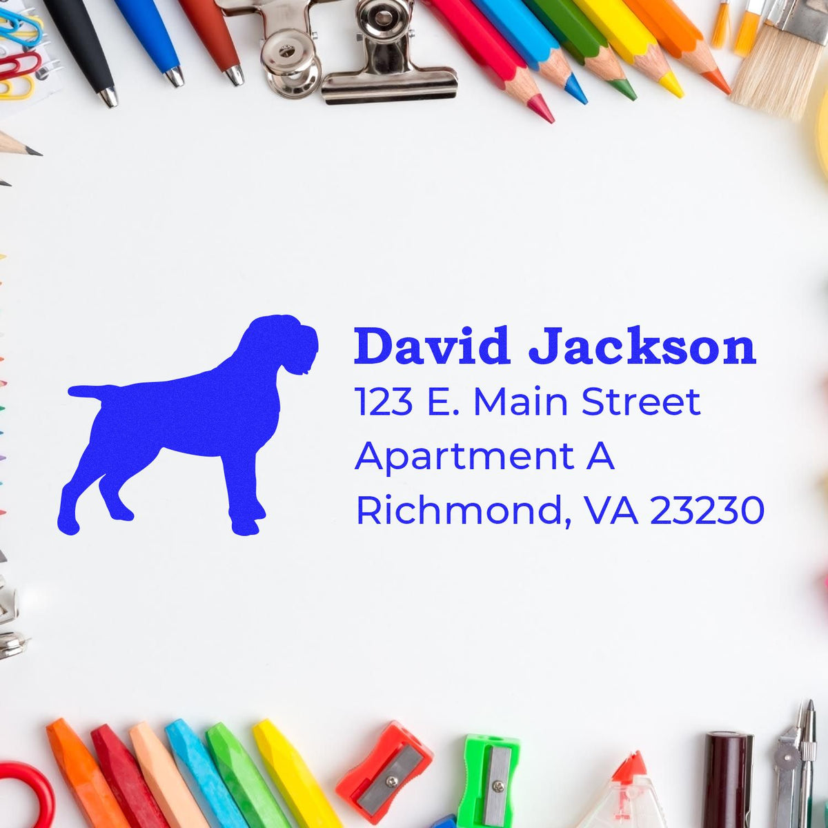 Custom rubber address stamp with dog silhouette for David Jackson, Richmond VA return address
