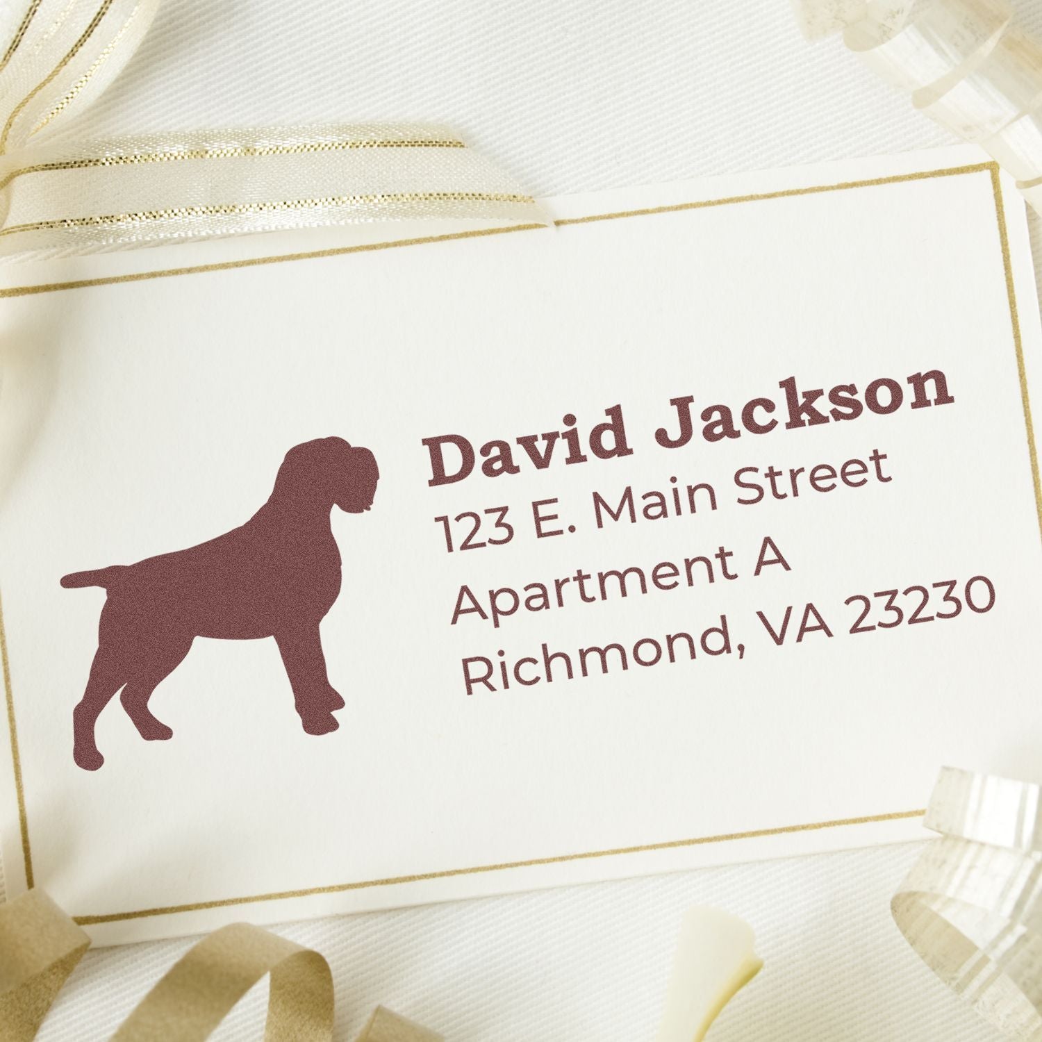 Personalized dog return address rubber stamp with name, street address, and Richmond, VA for custom envelopes and stationery.