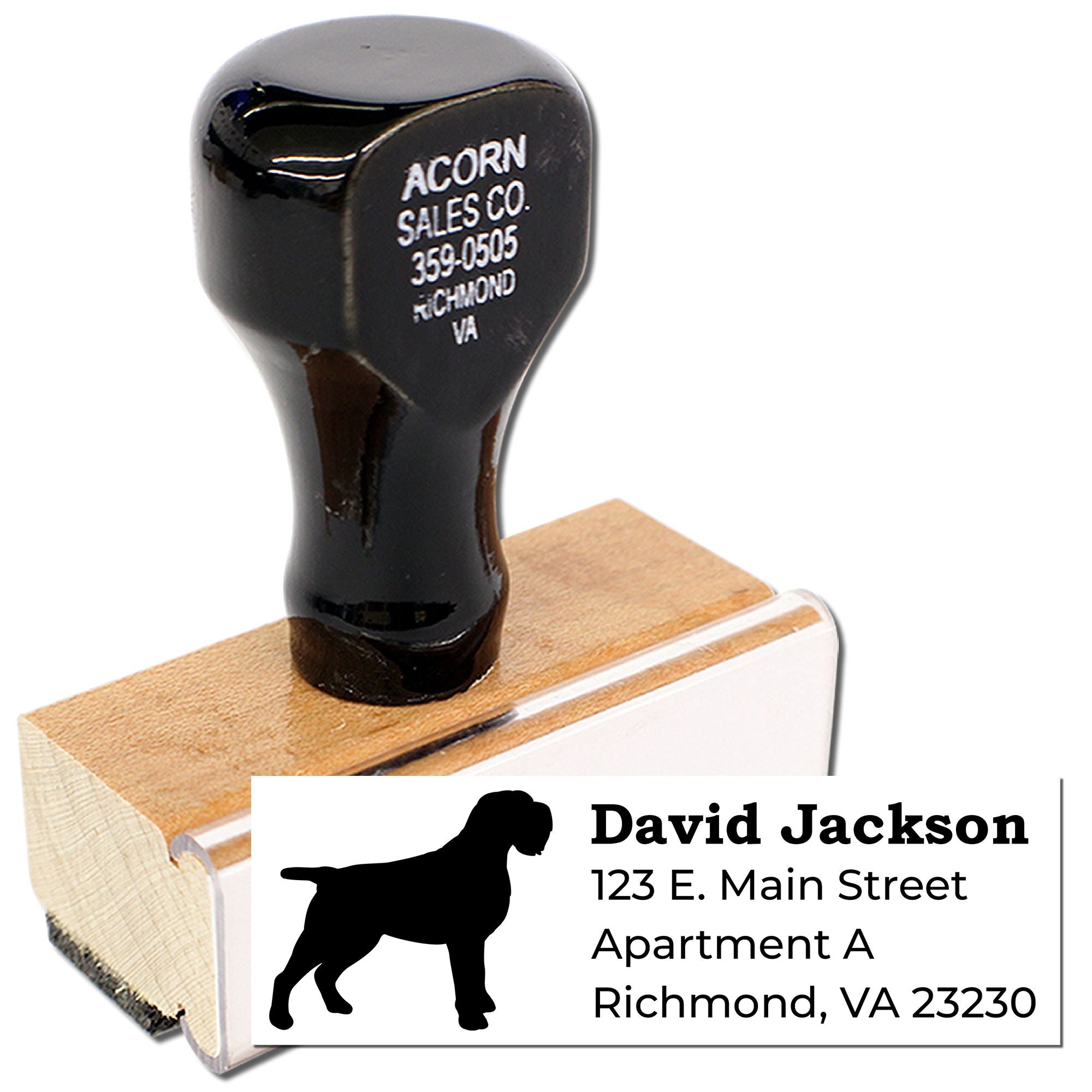 Custom self-inking rubber address stamp with dog silhouette and personalized Richmond, VA return address.