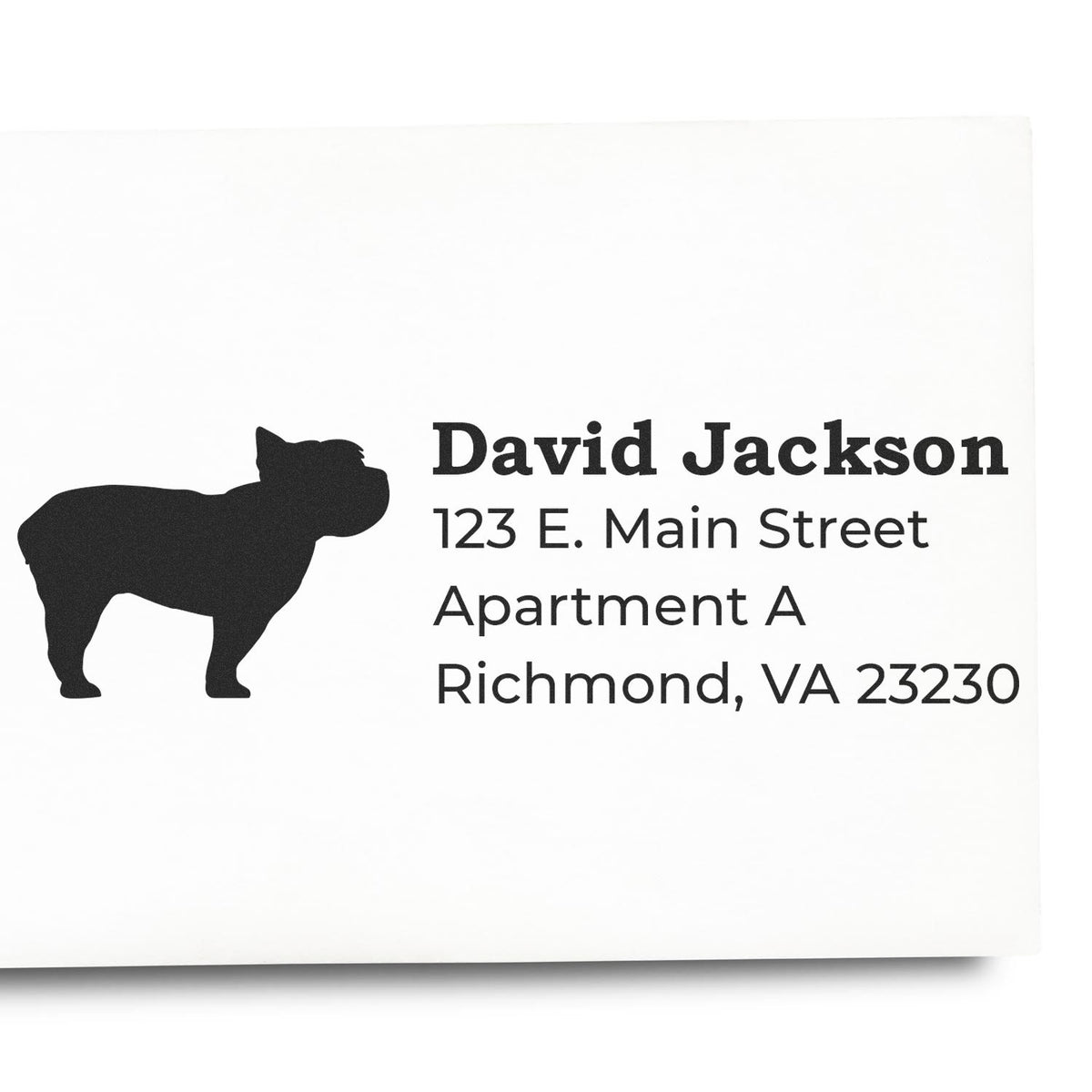 Custom bulldog return address rubber stamp with name and Richmond, VA mailing address for envelopes and packaging