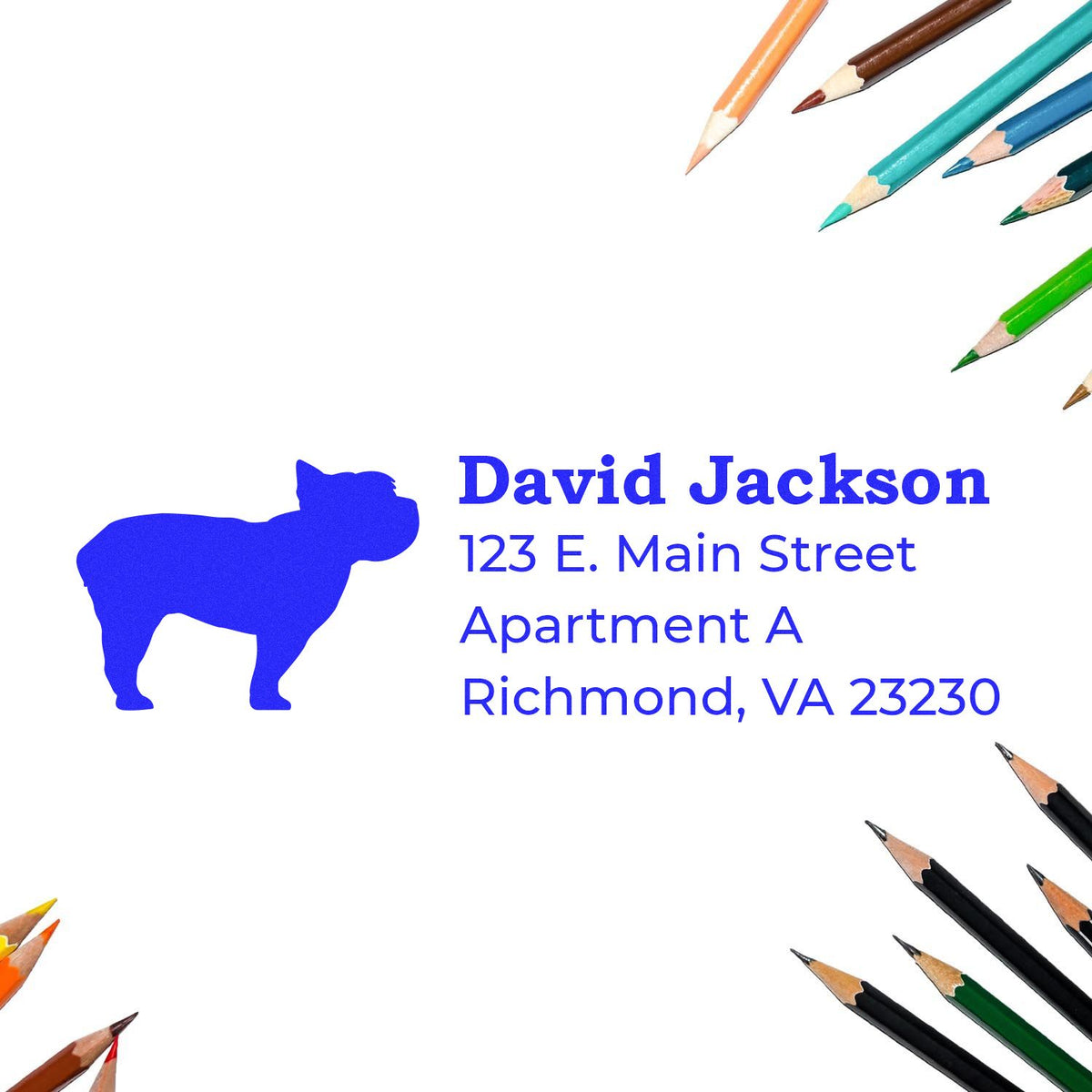 Custom dog silhouette return address rubber stamp with personalized name and Richmond, VA mailing address.