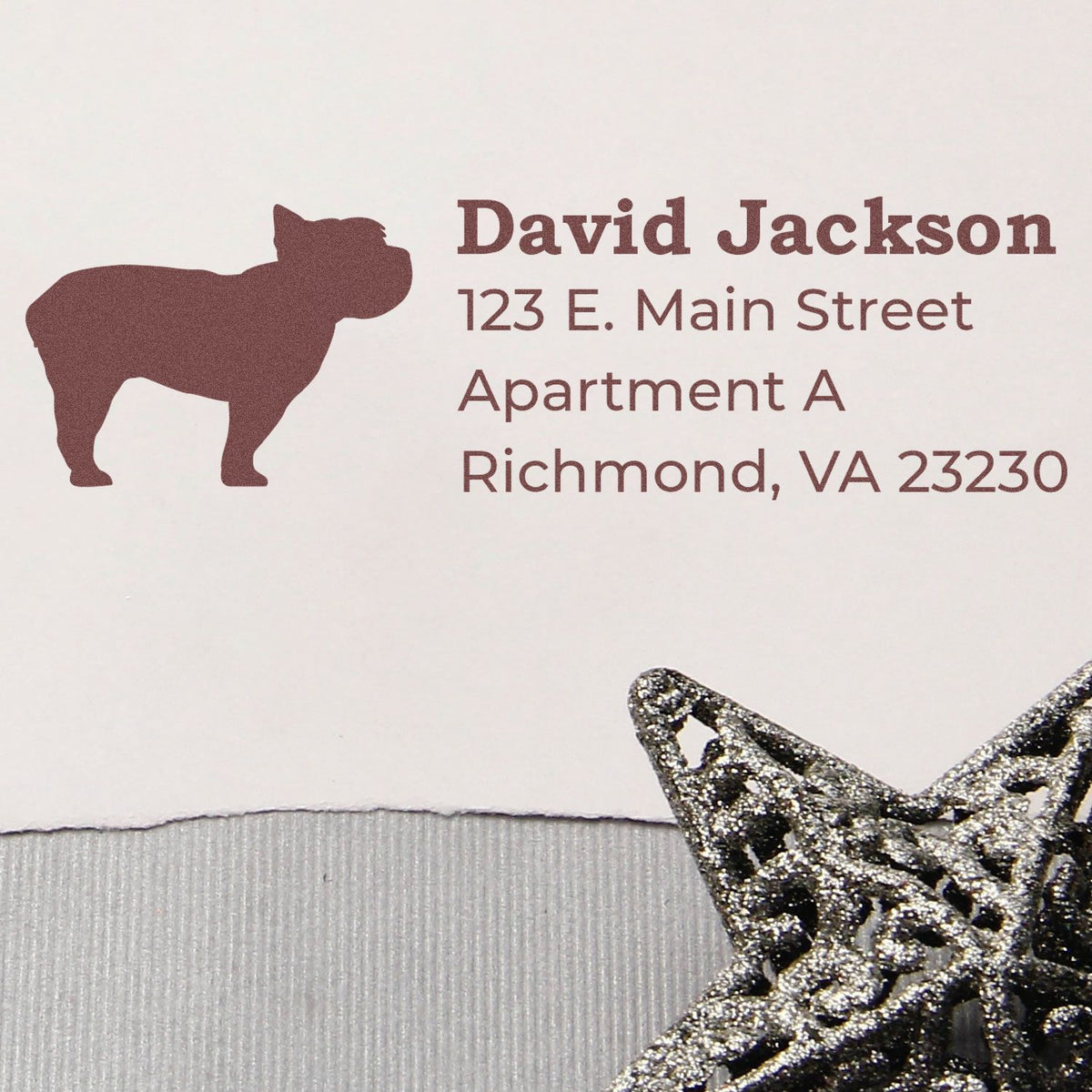 Custom address rubber stamp with dog silhouette for personalized mailing envelopes and labels, featuring name and Richmond VA address