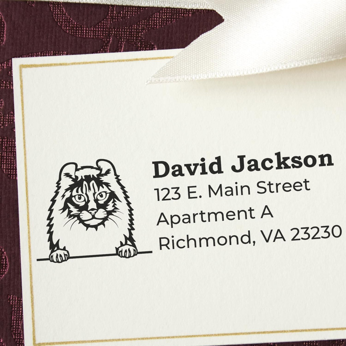 Custom cat return address rubber stamp on envelope with name and mailing address