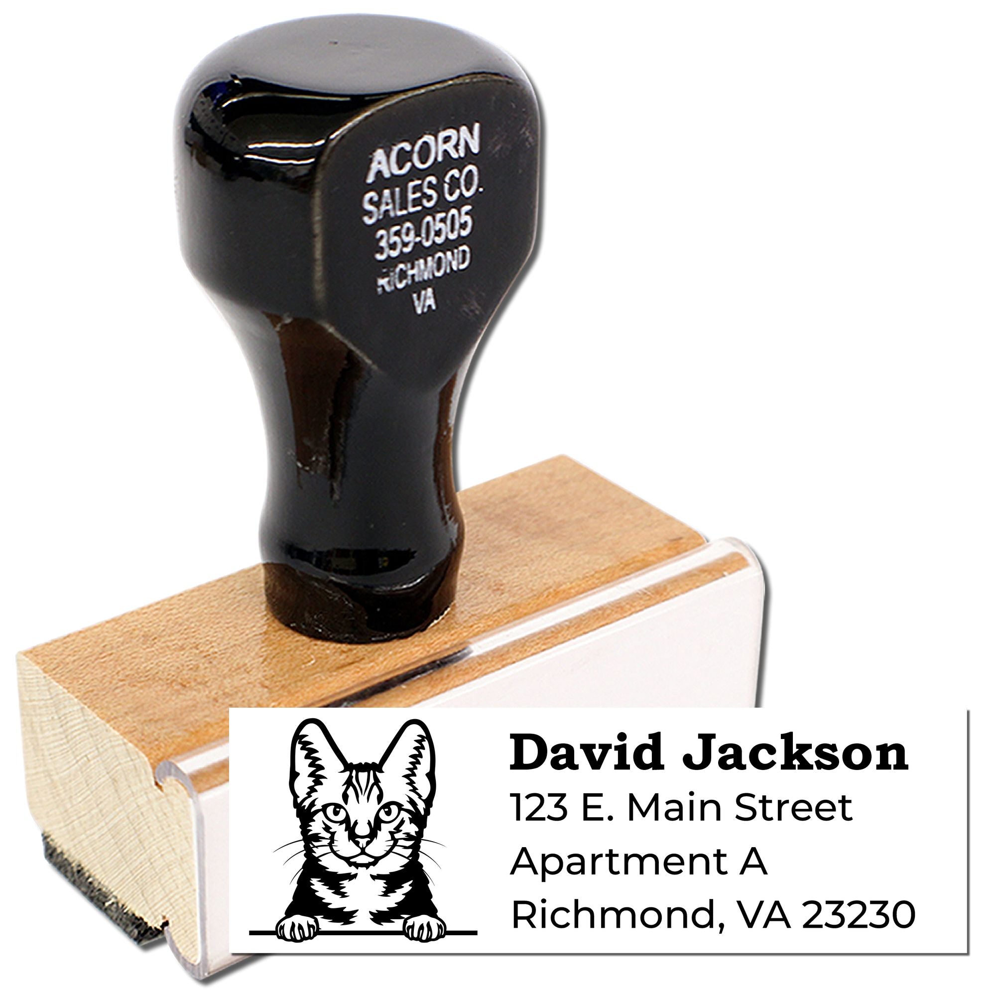 Personalized cat return address rubber stamp for mailing envelopes, labels, and home correspondence.