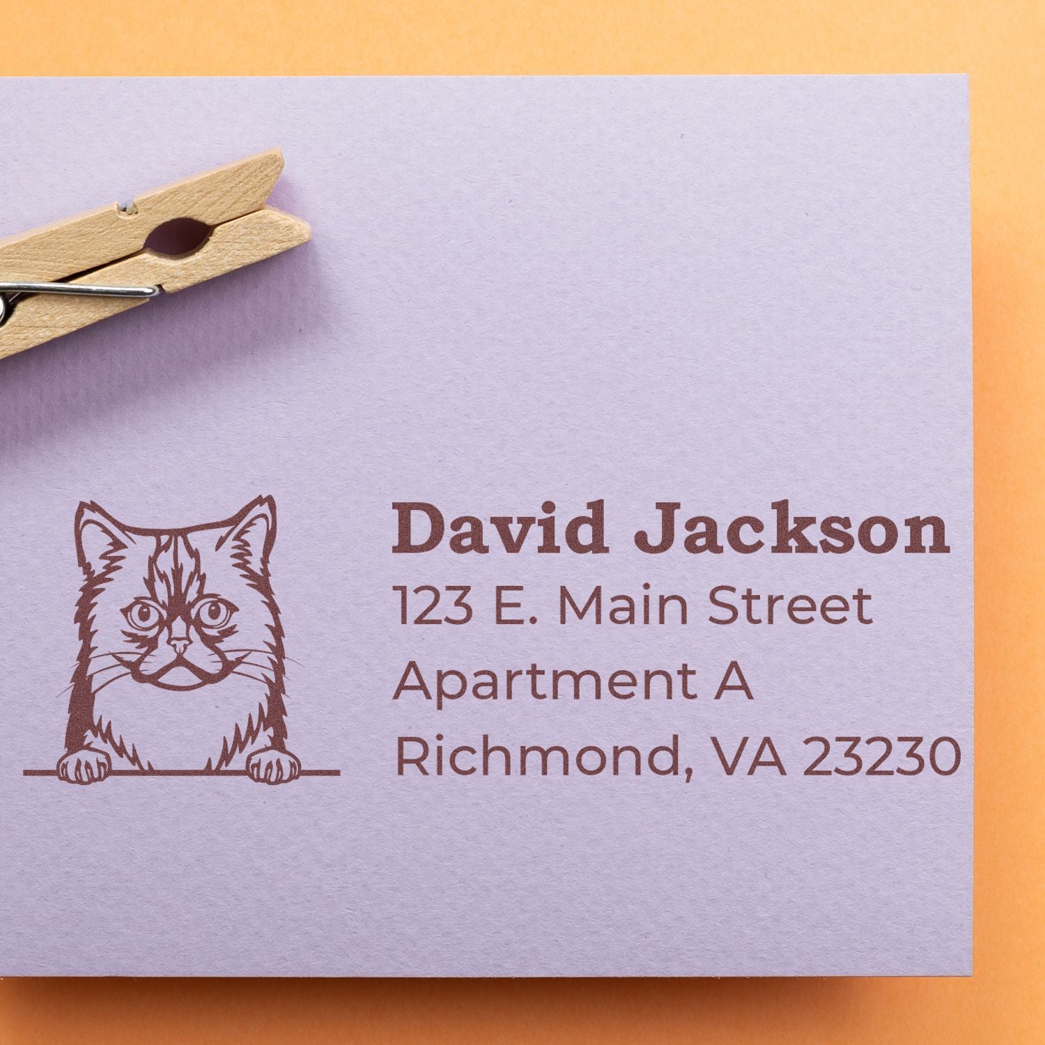 Custom cat return address rubber stamp on paper, featuring name and address for mail and envelope stamping.