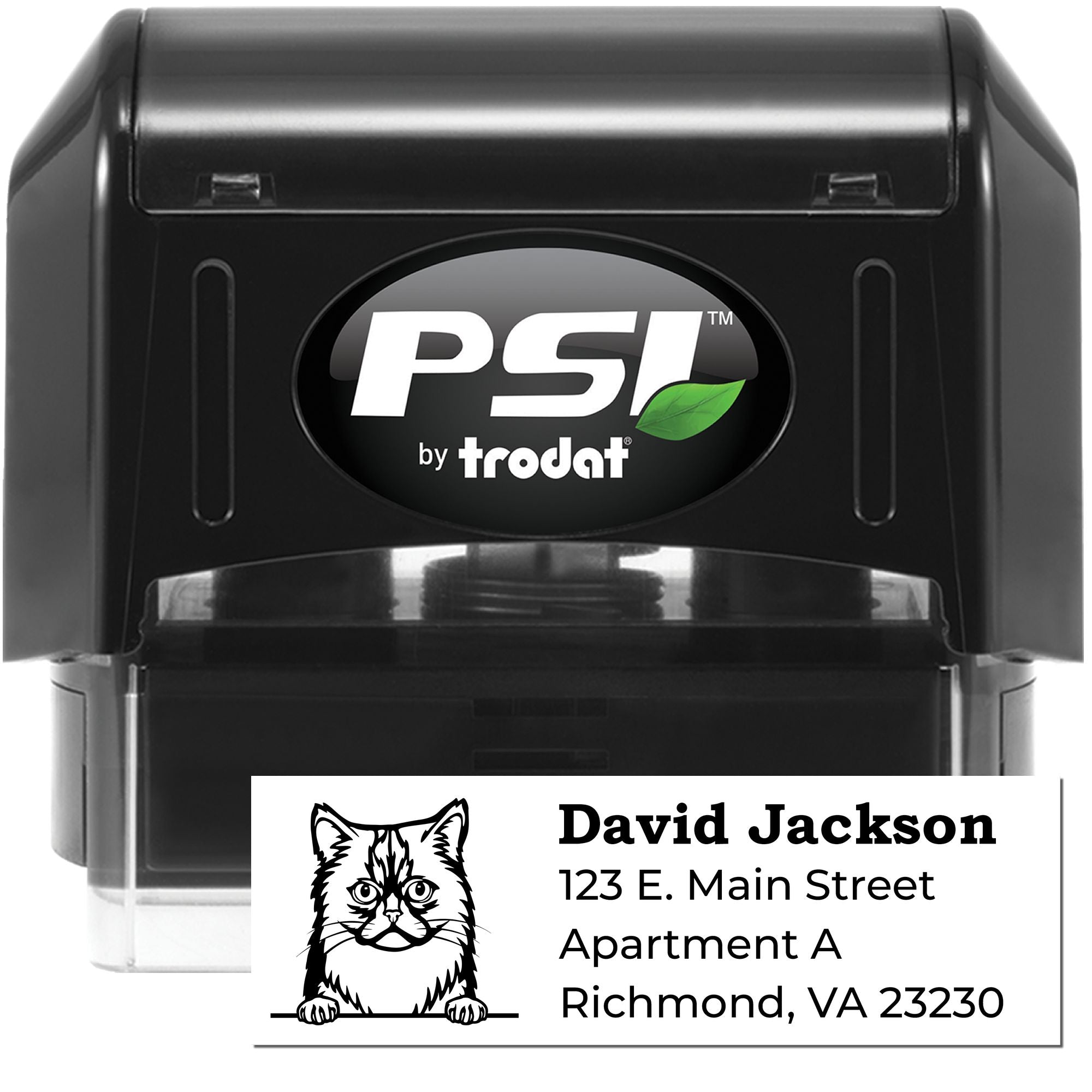 PSI by Trodat custom rubber stamp for return addresses, featuring a cat design and personalized mailing label.