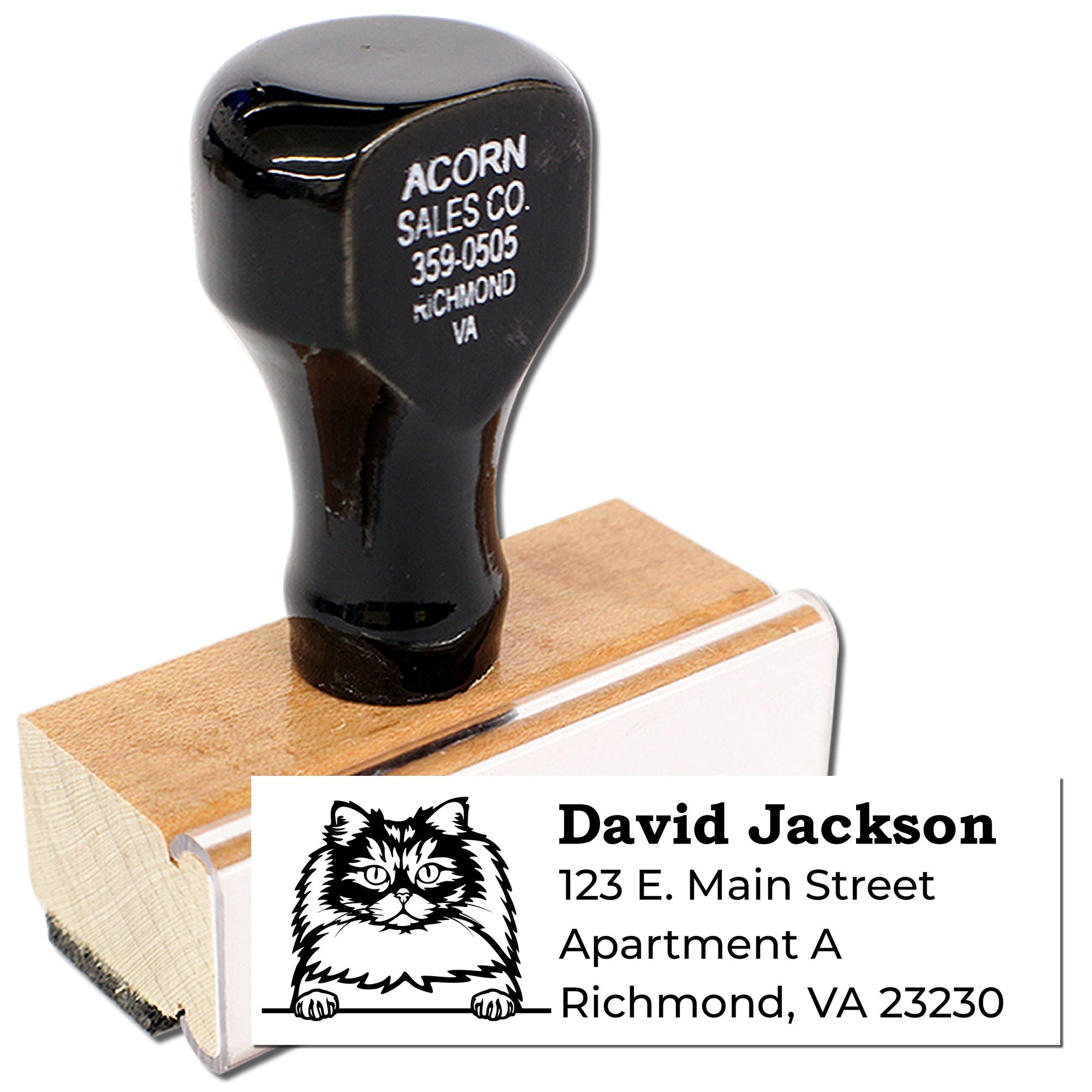 Custom wood-handled rubber address stamp with cat logo and Richmond, VA mailing details for personal or business envelopes.