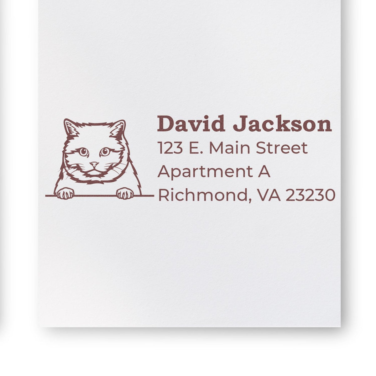 Custom cat return address rubber stamp for David Jackson, 123 E. Main Street, Apartment A, Richmond, VA 23230.