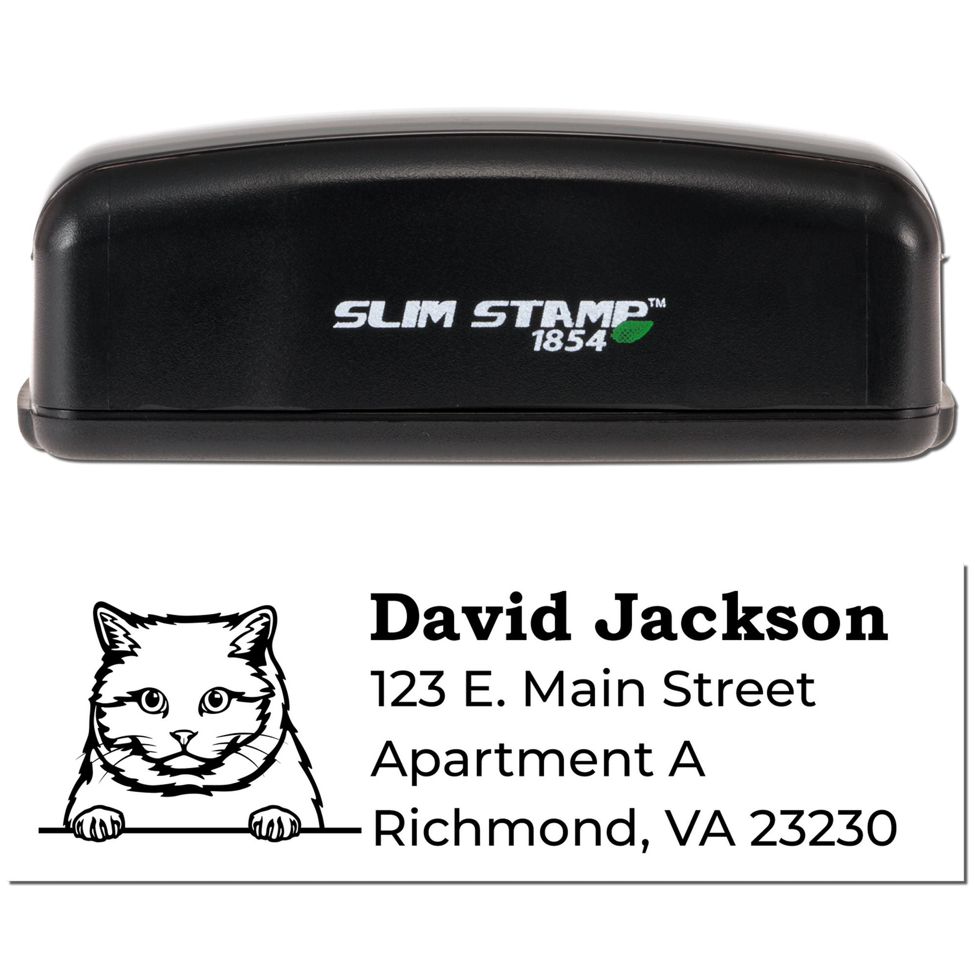 Custom self-inking address rubber stamp with cat icon for David Jackson, Richmond, VA