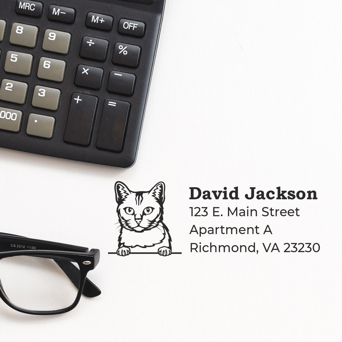 Custom cat return address rubber stamp with name, street address, and Richmond, VA details for mailing labels.