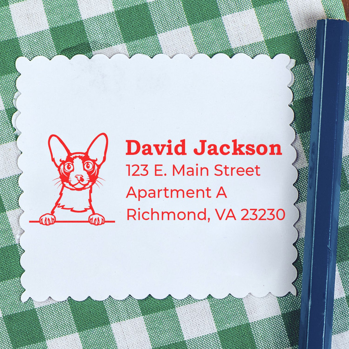 Custom return address rubber stamp with dog illustration and address for personalized mailing labels.