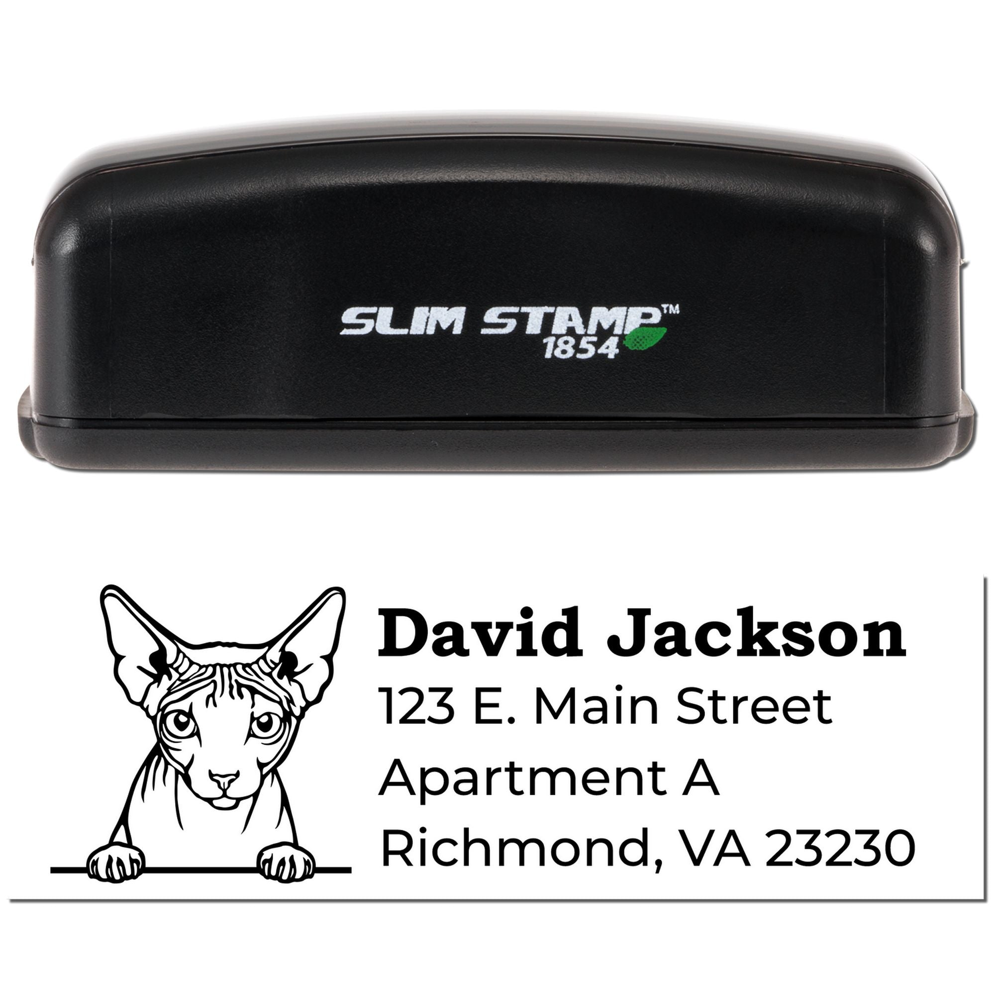Custom address rubber stamp with cat design, Slim Stamp 1854, and personalized return address for David Jackson in Richmond, VA.