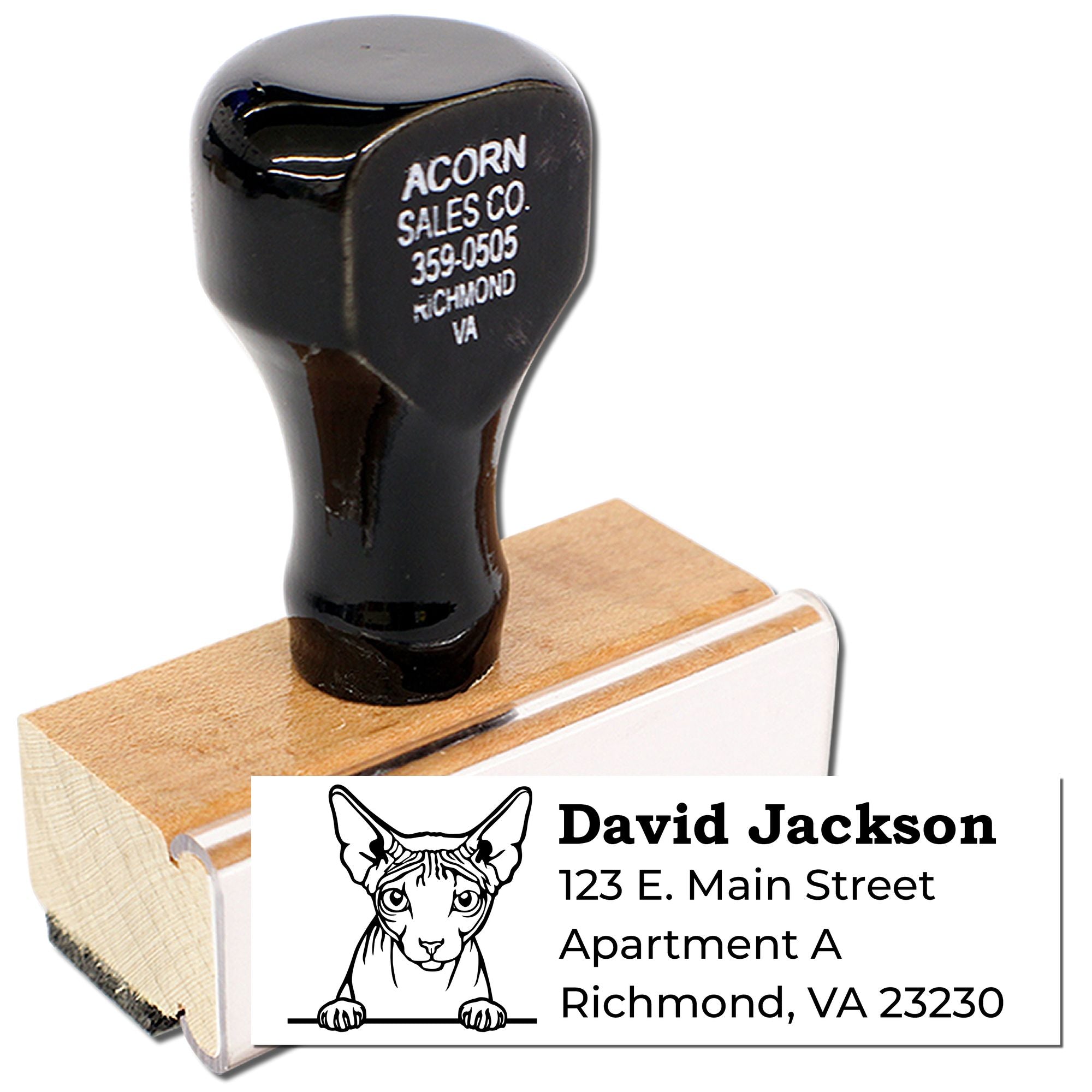 Custom return address rubber stamp with cat illustration for mailing envelopes: David Jackson, Richmond, VA 23230