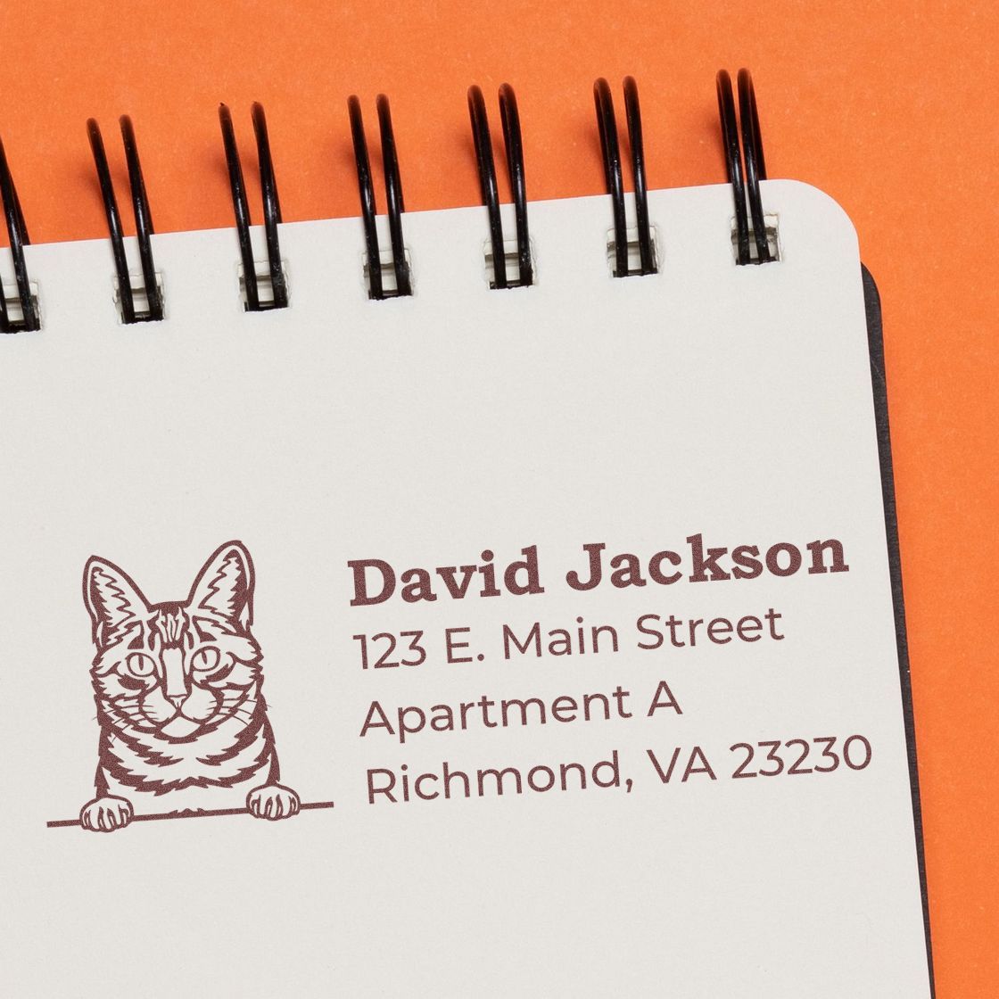 Custom cat address rubber stamp sample with name and mailing address on a notebook page.