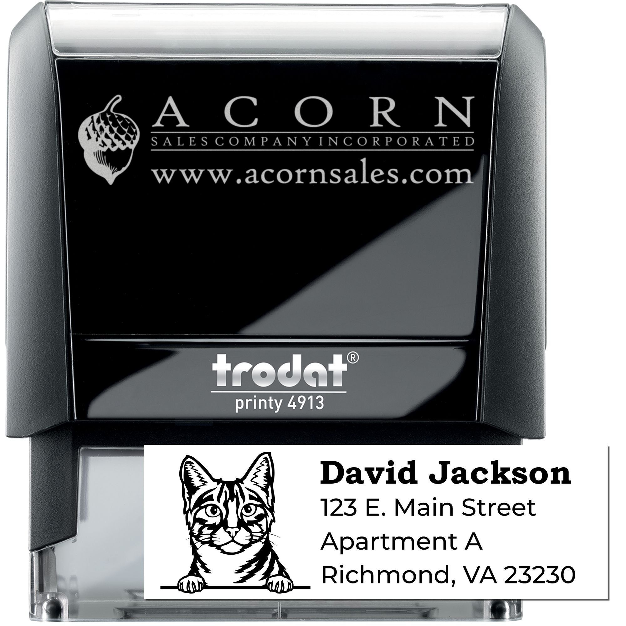 Custom self-inking rubber stamp with logo and address sample, Trodat Printy 4913 for business mailing and branding.