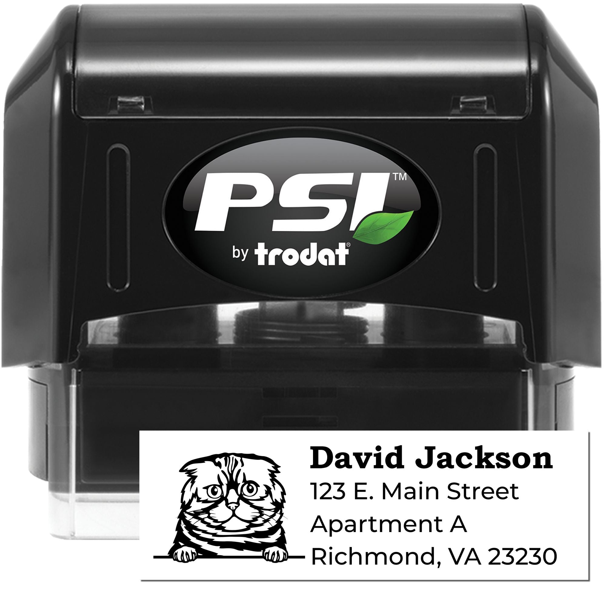 Custom self-inking rubber address stamp by PSI by Trodat with cat design for personalized mailing and return addresses.