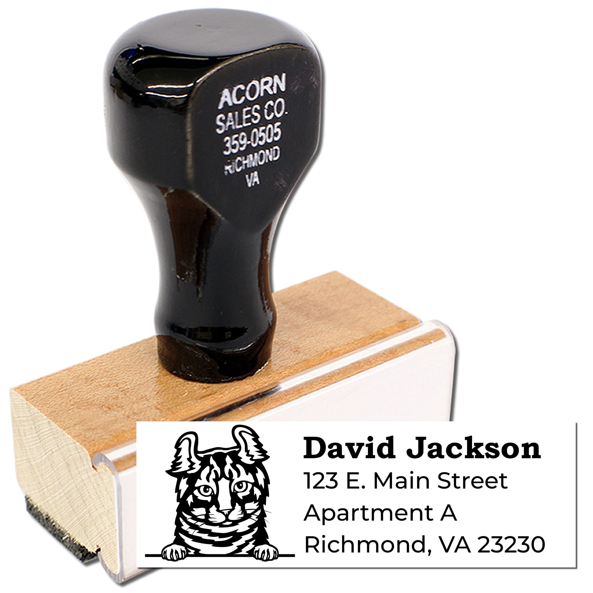 Custom rubber address stamp with tiger logo and Richmond, VA mailing details for personalized business or return mail use.