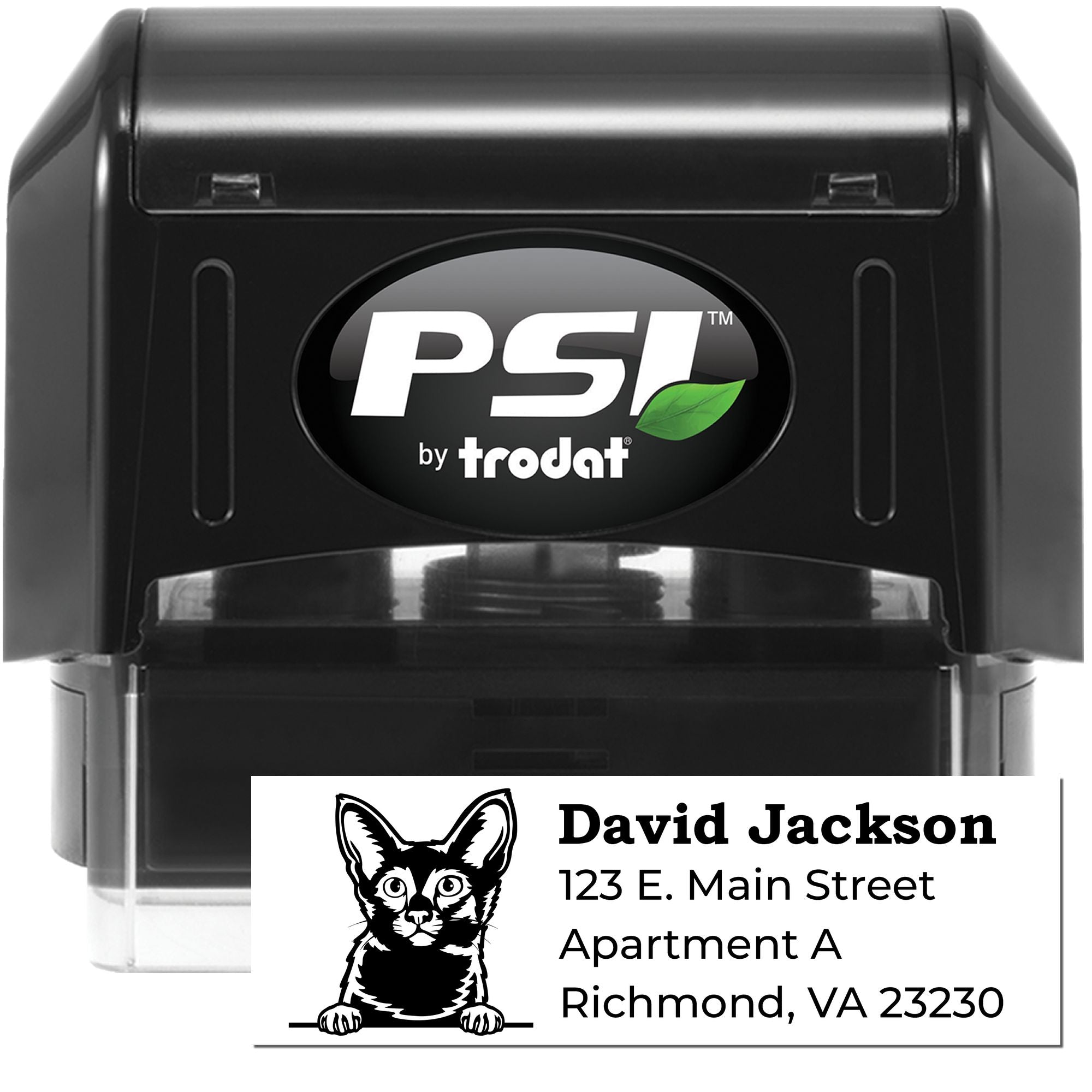 Custom self-inking address rubber stamp with cat logo for pet lovers, featuring name and mailing address.