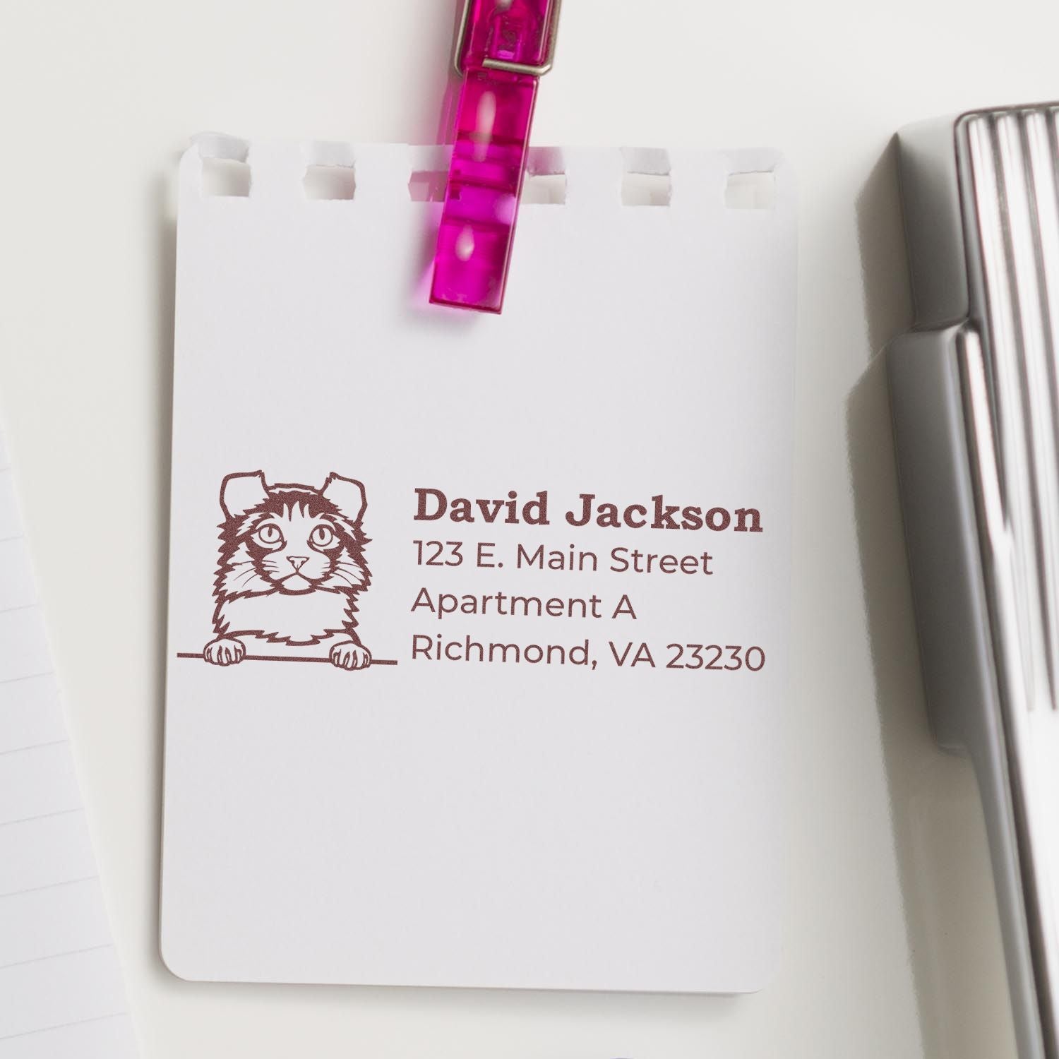 Personalized cat address rubber stamp sample with name and Richmond, VA mailing address.